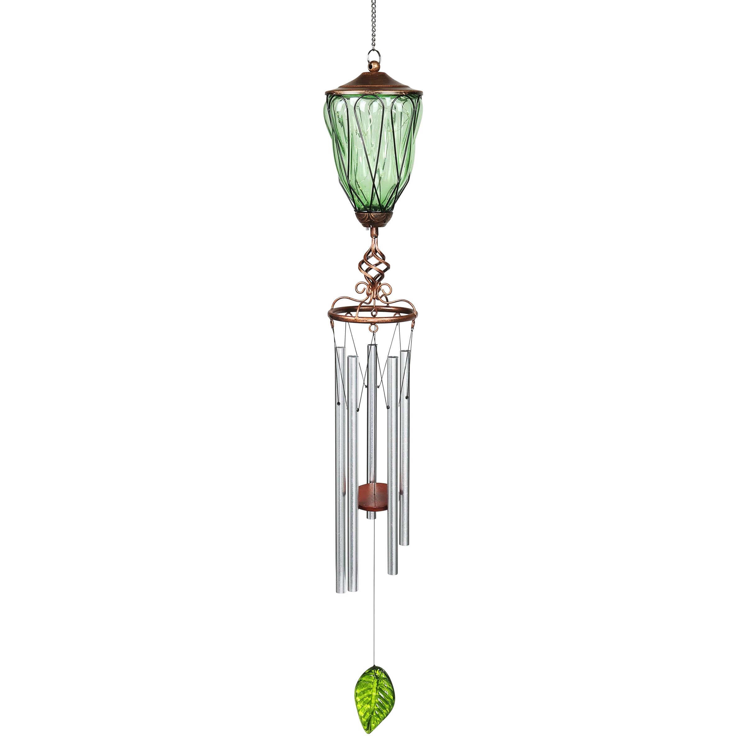 Solar-Powered Wind Chime with 9 LED Firefly Lights - Exhart Outdoor Hanging Lantern for Garden, Patio, Yard Decoration - Bronze Metal & Glass Design (6