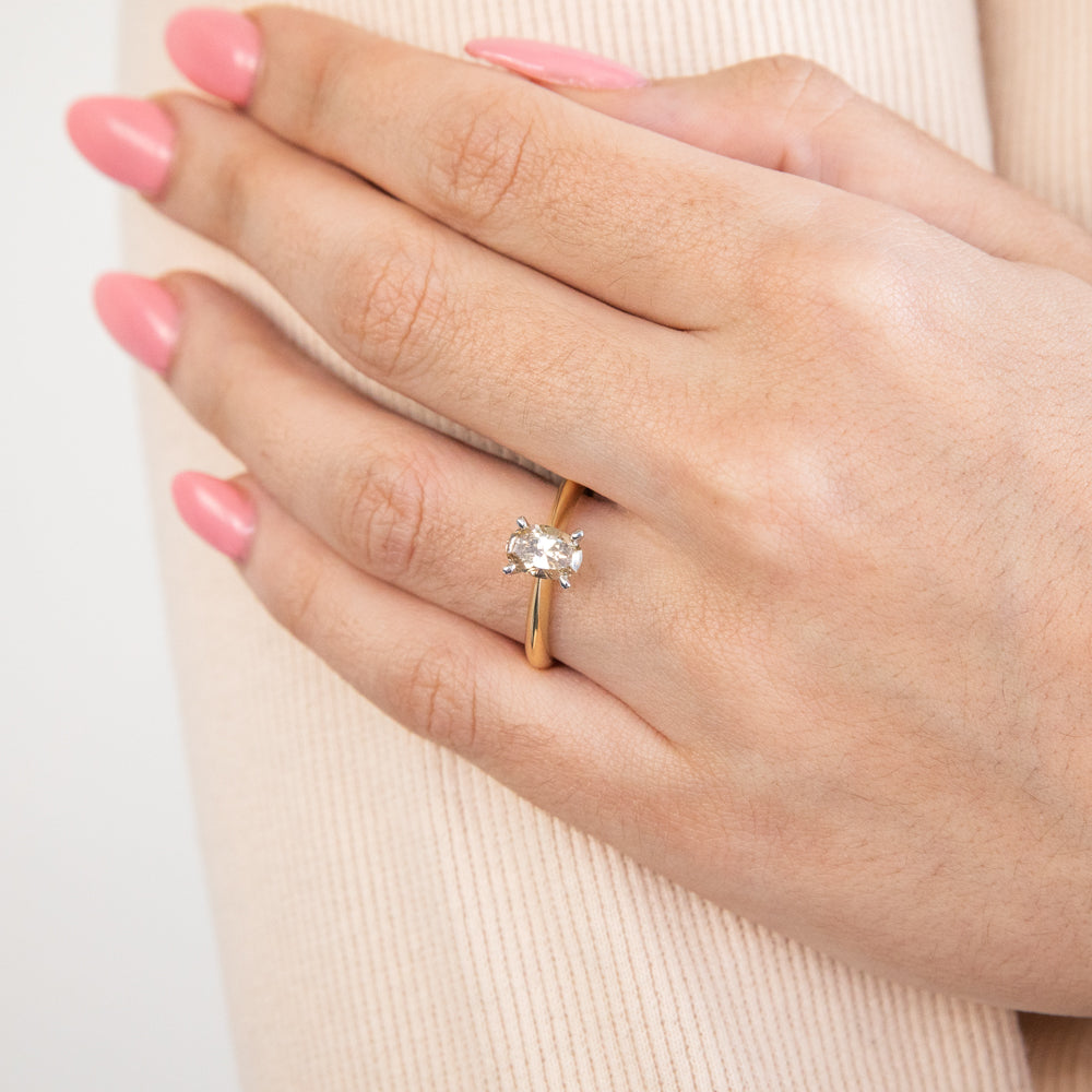 18ct Yellow Gold Diamond Ring with 1 Carat Oval Champagne Australian Diamond - Elegant Engagement & Wedding Jewelry for Women
