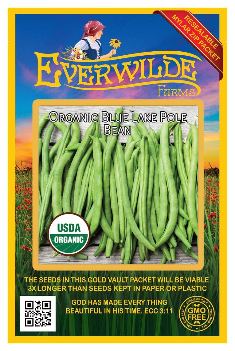 Organic Blue Lake Pole Bean Seeds - 50 Count - Non-GMO, Heirloom, USDA Certified - Everwilde Farms Gold Vault Packet - Perfect for Home Gardening, Vertical Trellis Planting & Sustainable Farming