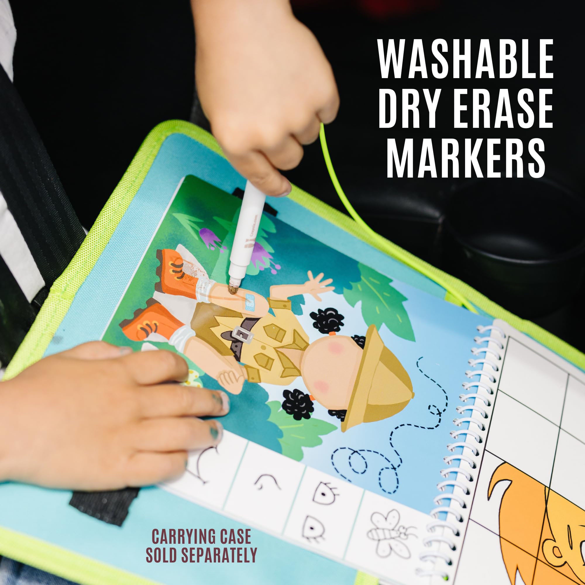 Washable Travel Activity Book for Kids Ages 4-6 | 7x7 Inch Educational Toy with Reusable Stickers & Markers | Car & Airplane Games, Search & Find Learning Activities | Perfect for Road Trips, Flights & Quiet Time (Jungle Theme)