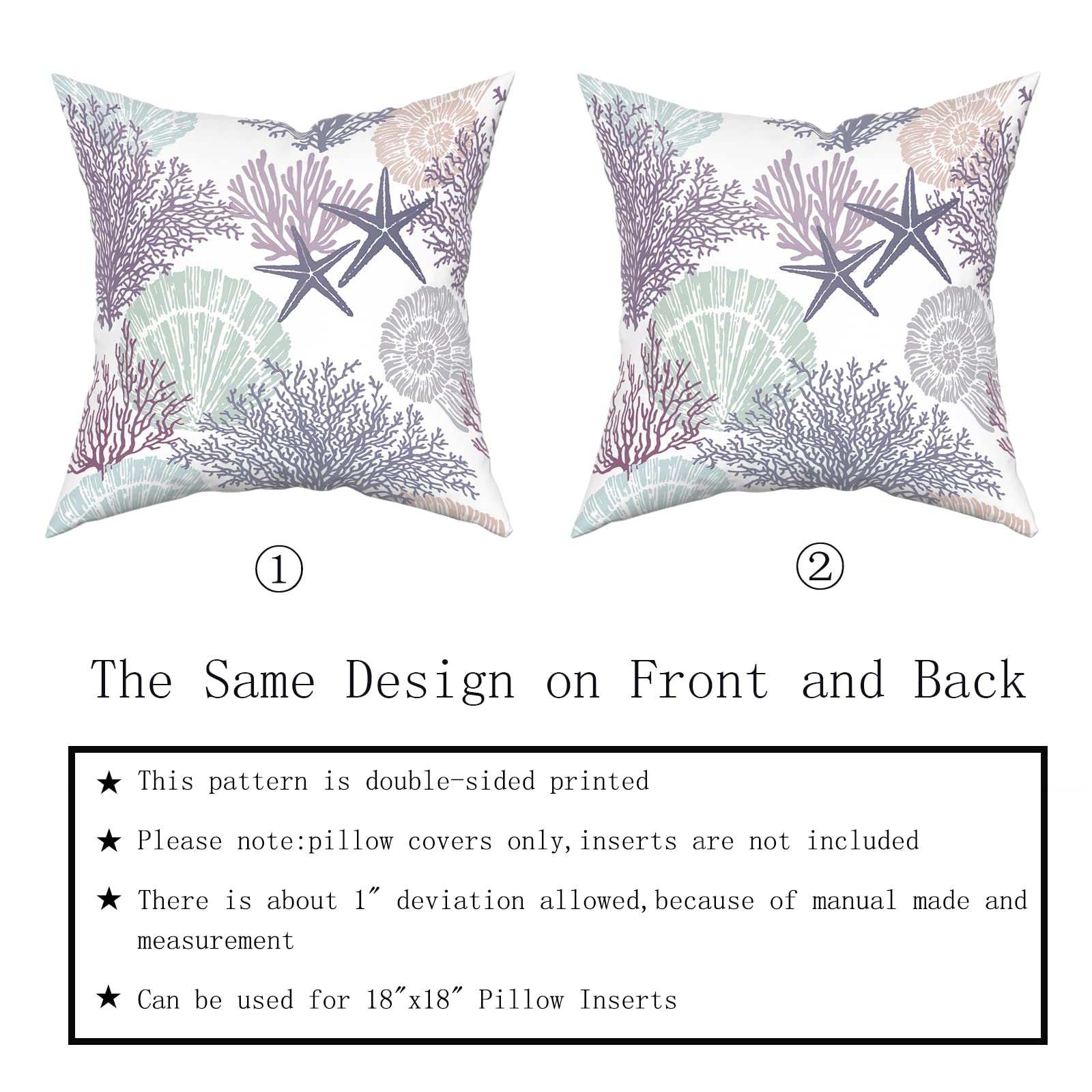 Ocean Coral Pillow Covers 20x20 Inch - Set of 2 Soft Cotton Nautical Coastal Throw Pillows with Seashell & Starfish Design - Square Cushion Covers for Sofa, Couch, Bedroom & Patio - Perfect for Beach House Decor & Coastal Themed Living Spaces (Purple)