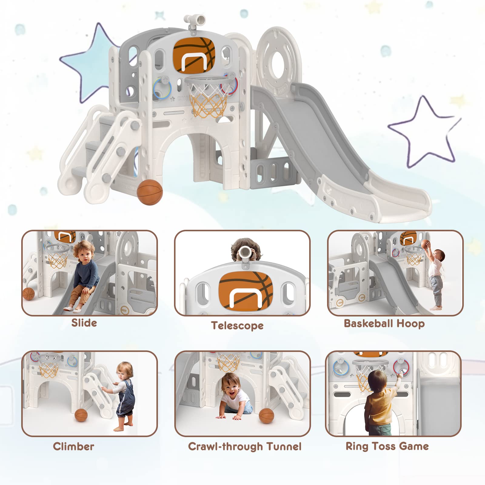 YUFU 9-in-1 Toddler Slide and Playset with Basketball Hoop - Indoor Outdoor Playground for Kids Ages 1-3 - Perfect for Backyard, Playroom, and Daycare Activities (Beige+Gray)