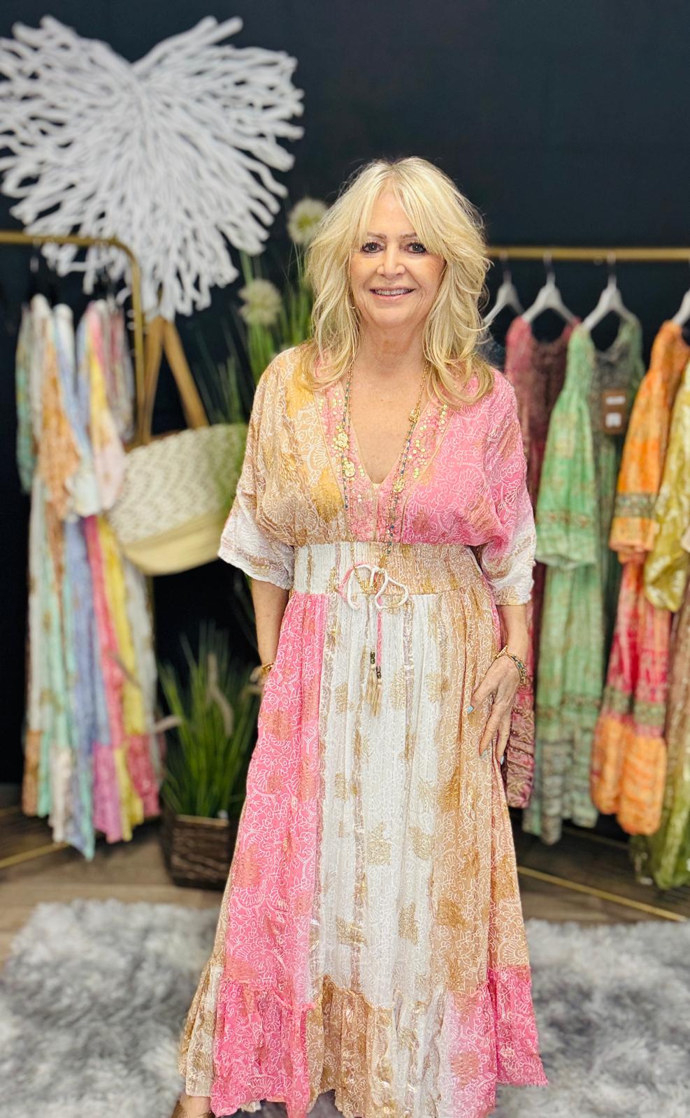 Amoli Women's Maxi Dress in Pink & Tan - Elegant Flowy Long Dress for Summer, Beach, and Casual Outings