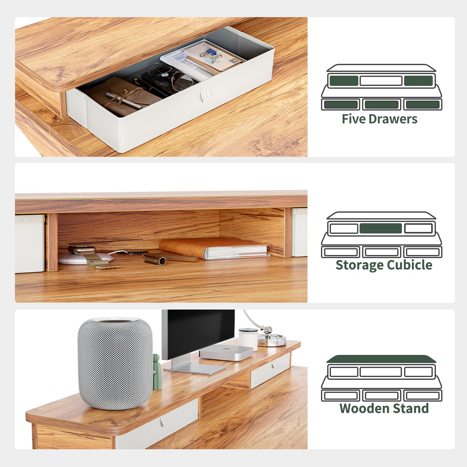 FEZIBO 55 Inch Electric Standing Desk with Storage Shelf & 5 Drawers - Adjustable Height Sit Stand Desk, White Frame & Light Rustic Top (55