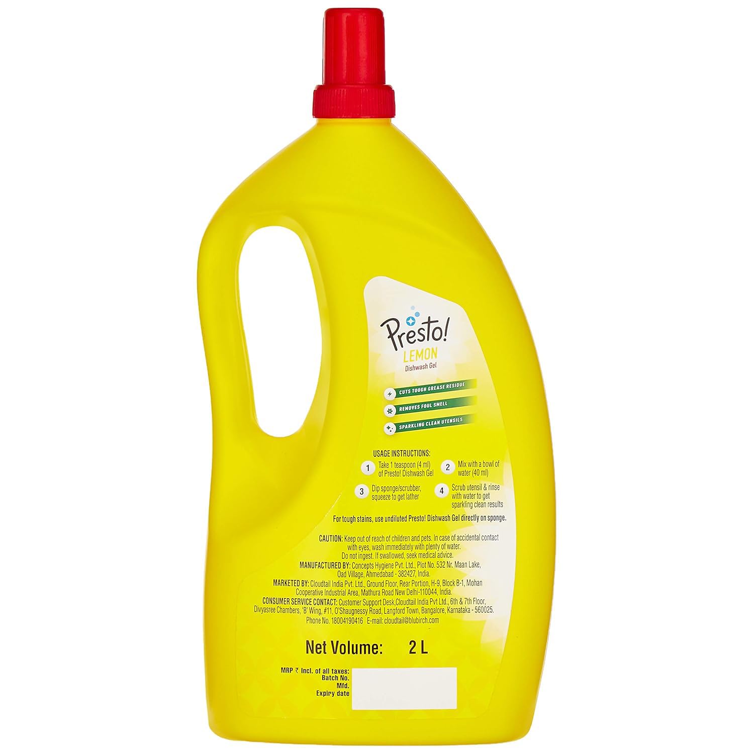 Presto! Lemon Dishwashing Gel - 2 Liter | Safe on Hands | Powerful Grease Cleaner for Pots, Pans & Utensils | Ideal for Kitchen, Camping & RV Use