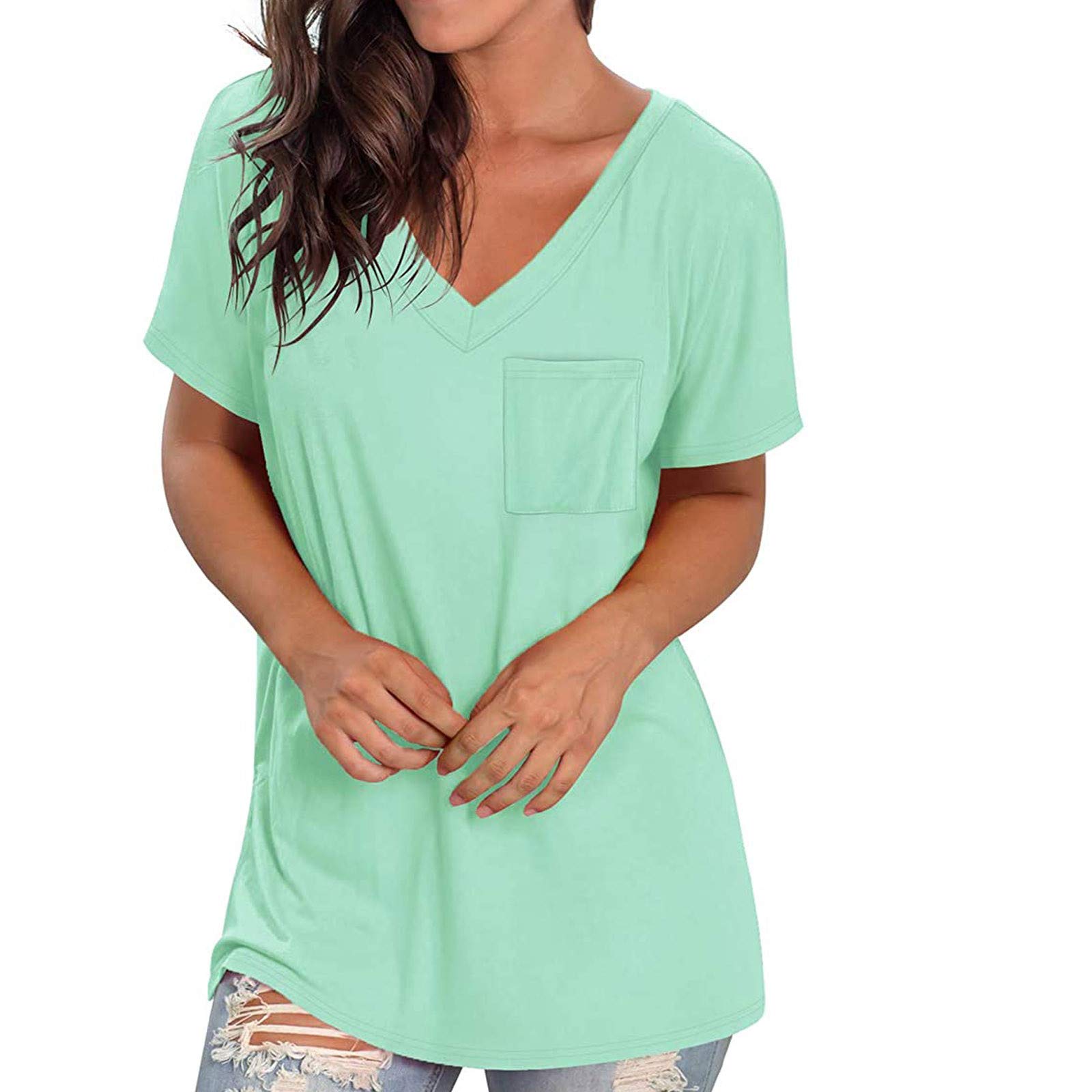 Women's Casual Summer T-Shirts - Comfy V-Neck Short Sleeve Blouses, Solid Color Loose Fit Cute Tees for Everyday Wear, Outing & Vacation