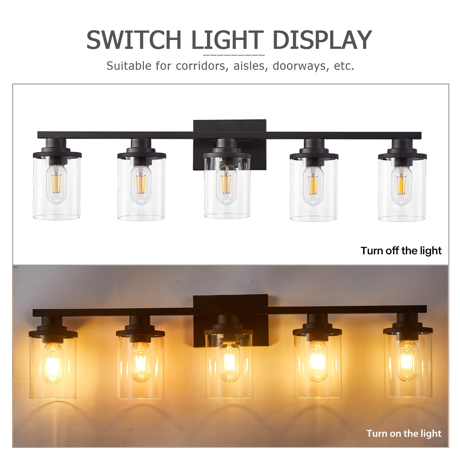 Stambord 5-Light Bathroom Vanity Light Fixture - Modern Matte Black Wall Sconce with Clear Glass Shade for Bathroom, Bedroom & Hallway - Perfect for Vanity Mirror Lighting, Dressing Area & Home Decor
