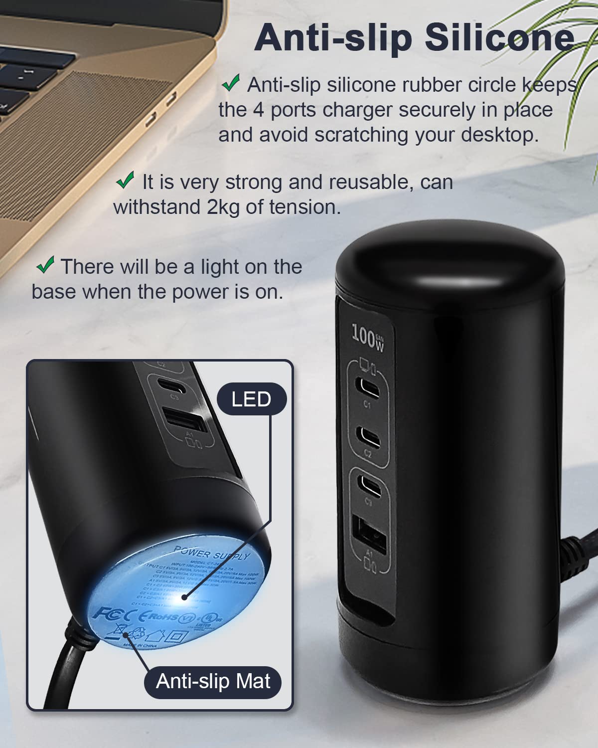 100W USB C GaN Fast Charger, 4-Port PD Charging Station for MacBook Pro/Air, iPad Pro/Air, iPhone 13/14/15 Series, Dell XPS 15, Samsung Galaxy, Google Pixel - Compact Power Hub for Home, Office & Travel