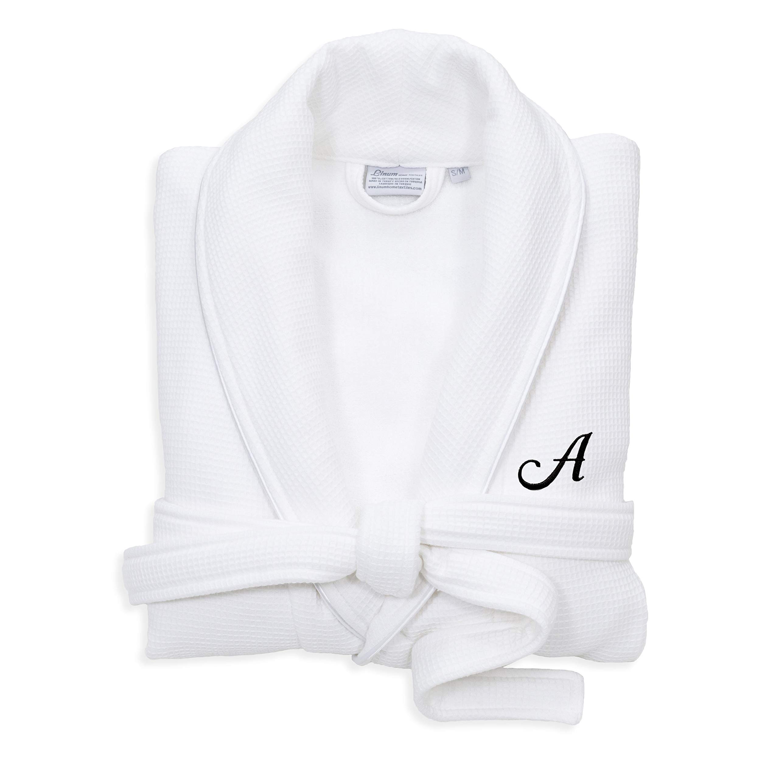 Premium White Unisex Turkish Cotton Waffle Weave Terry Bathrobe with Black Script Monogram - Soft & Absorbent - Size M/S - Perfect for Spa, Hotel, and Home Relaxation