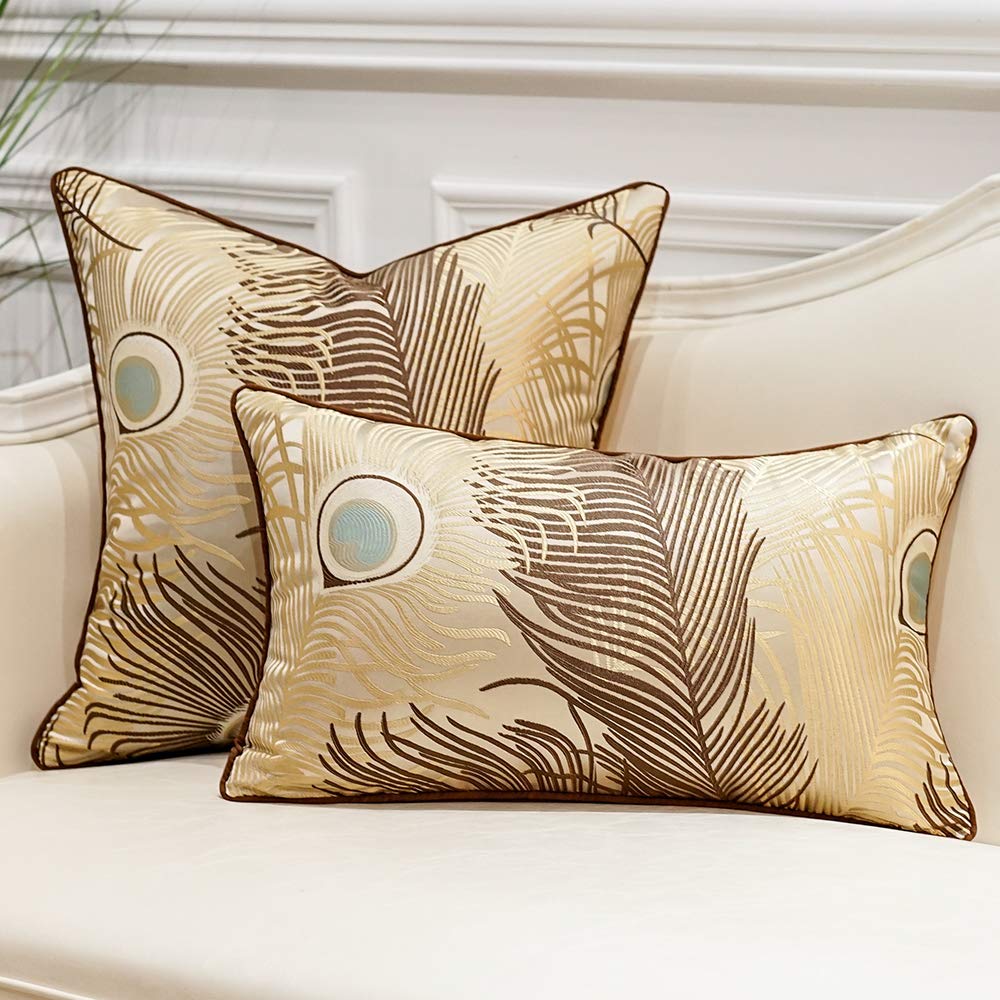 Avigers 12x20 Inches Light Brown Peacock Feather Decorative Throw Pillow Covers - Luxury Sofa Cushion for Living Room, Bedroom & Car Interior Decor (30x50cm) - Perfect for Home Styling, Wedding Decor and Bohemian Chic Spaces