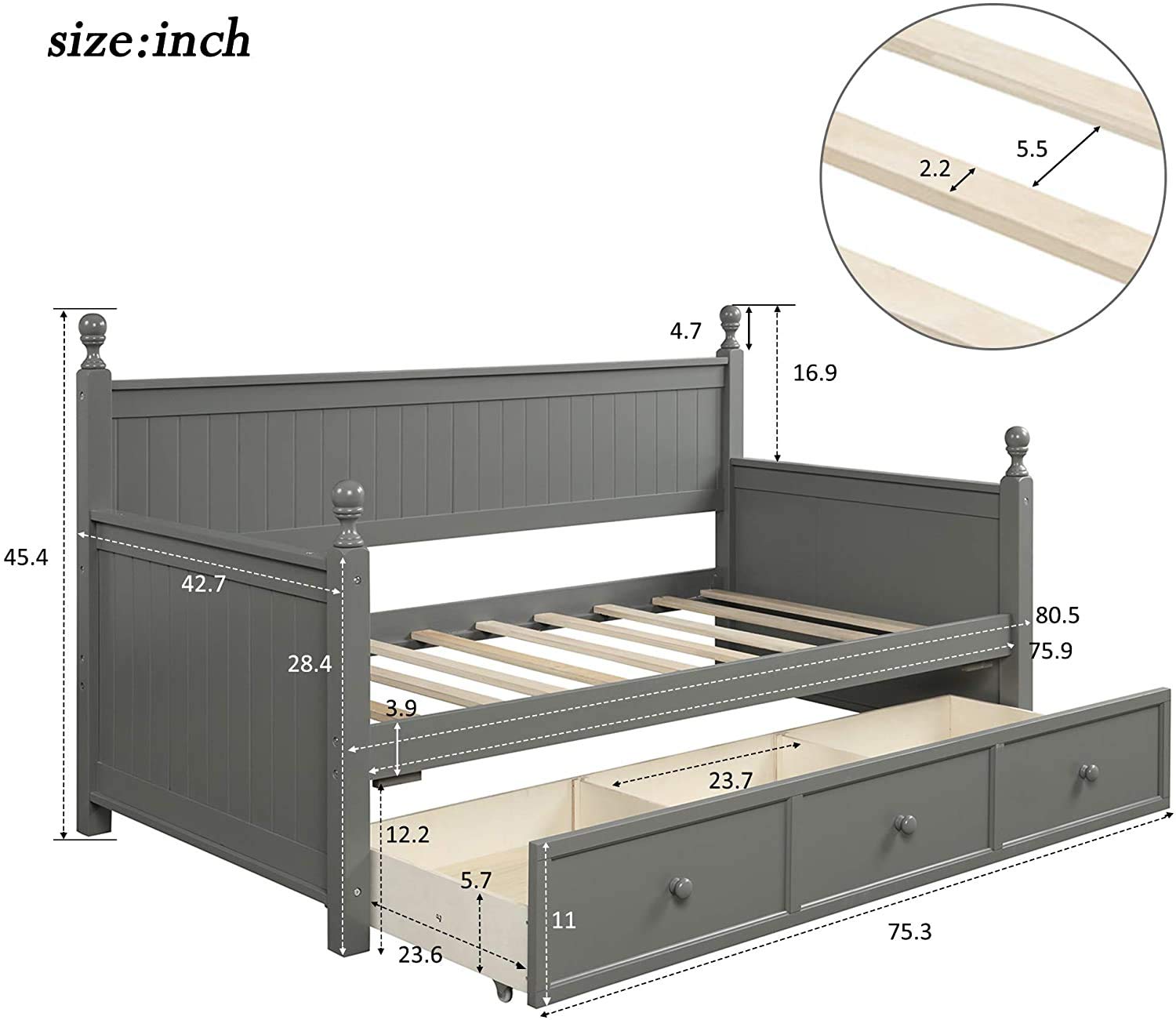 Wooden Twin Daybed with 3 Storage Drawers - No Box Spring Needed, Space-Saving Gray Daybed Frame for Guest Room, Dorm or Small Apartment