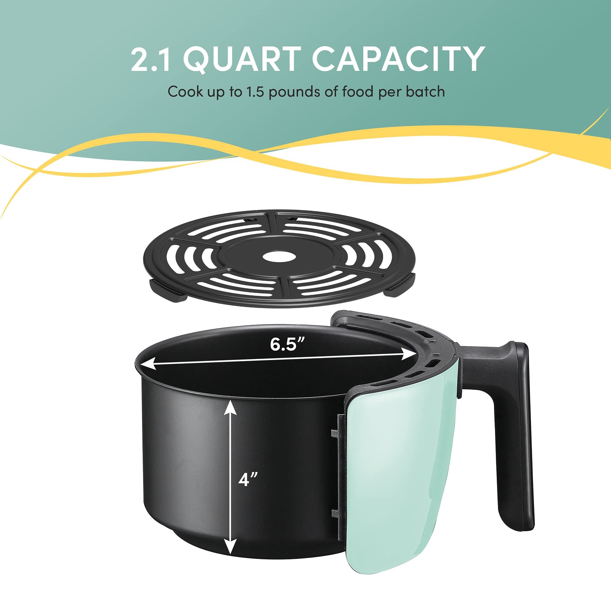 Elite Gourmet EAF-0201BL 2.1 Quart Electric Air Fryer - Oil-Free Healthy Cooking, 1000W, Compact Space Saving Design, Adjustable Timer & Temperature Control, Mint Green - Perfect for Small Kitchens, Dorms & Healthy Meal Prep
