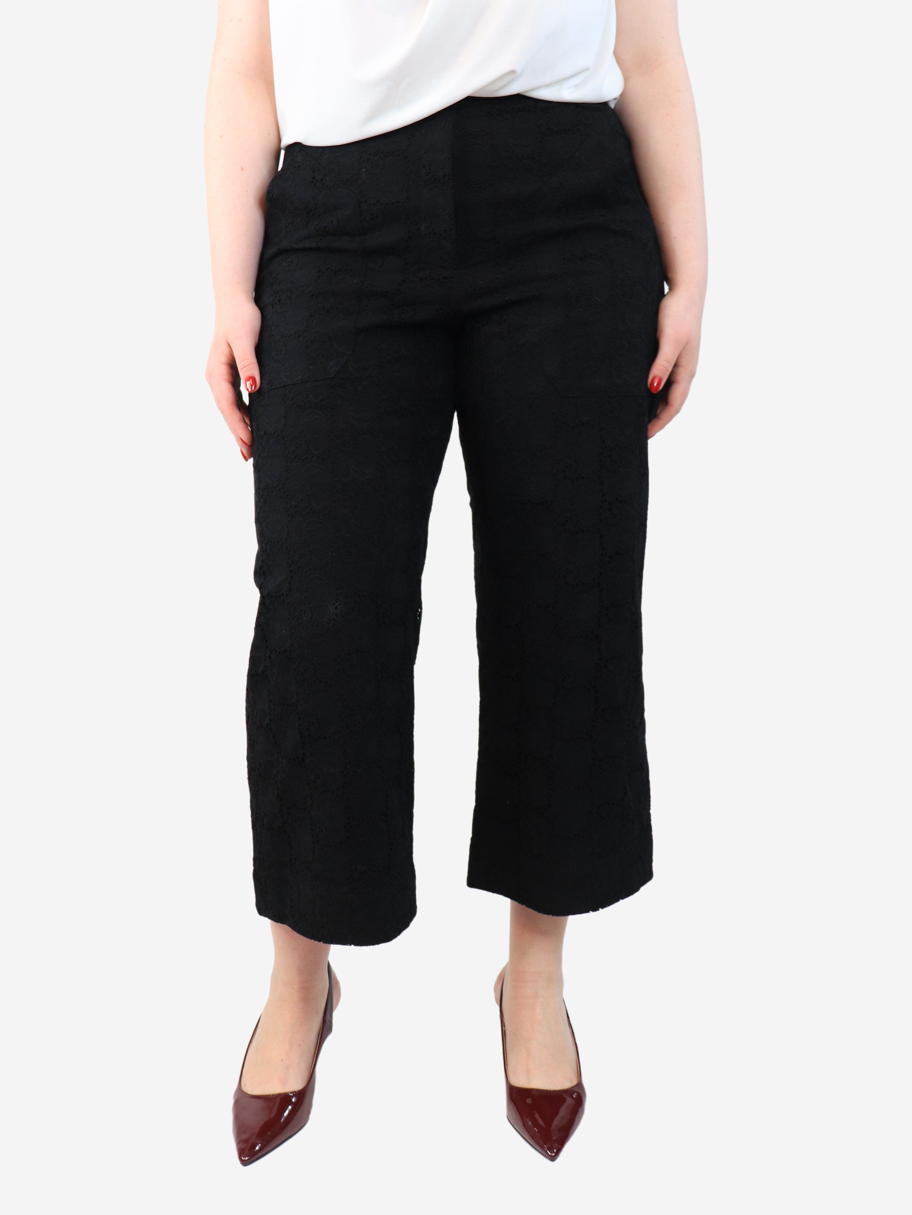 Elegant Black Broderie Anglaise Trousers - UK Size 14 | Floral Embroidered Wide Leg Pants for Women | Perfect for Summer Outfits, Beach Vacations & Boho Chic Style