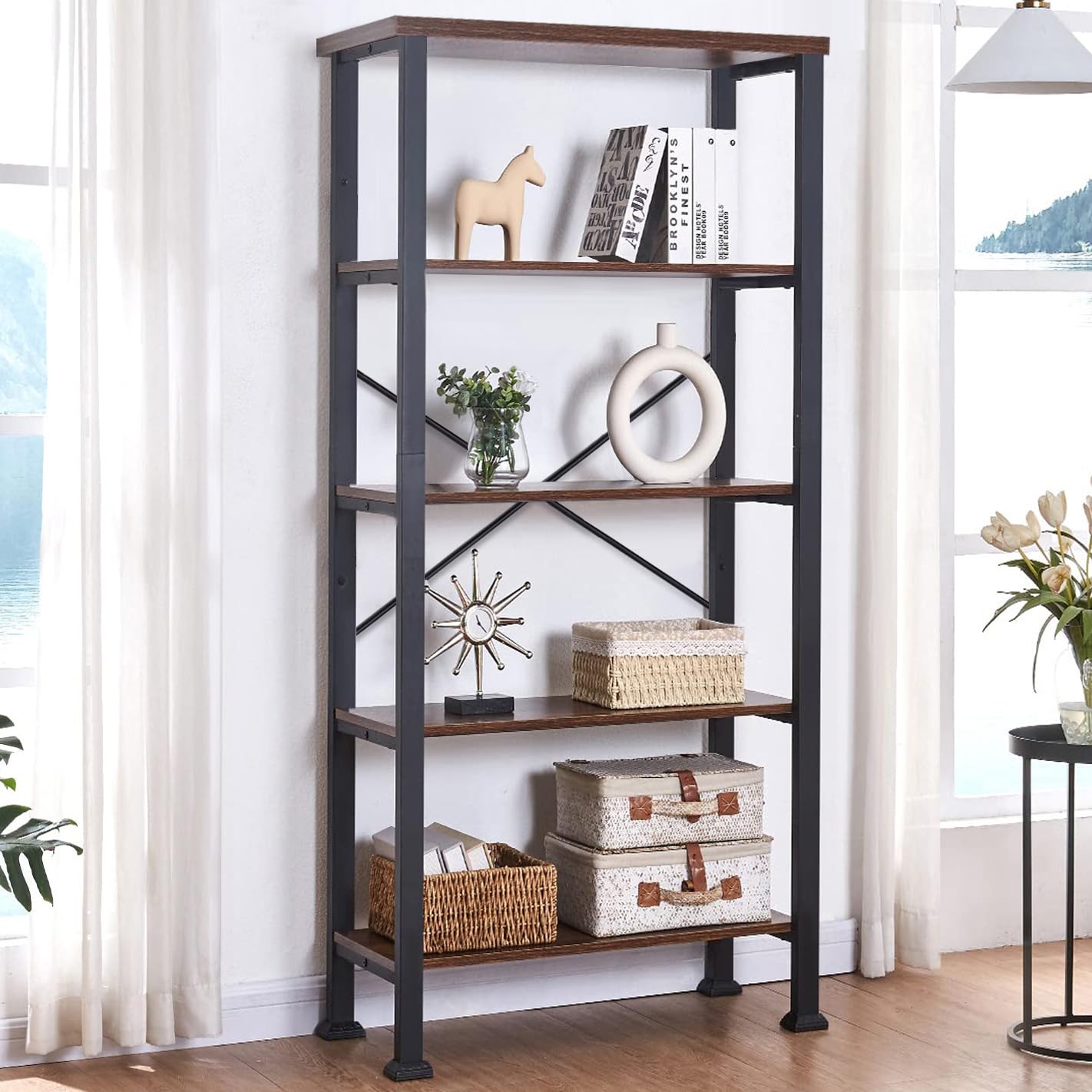 HOMBAZAAR 5 Tier Bookshelf - Rustic Brown Industrial Bookcase with Engineered Wood & Metal Frame, Tall Storage Shelf for Living Room, Office, Bedroom & Kitchen - Perfect for Organizing Books, Decor & Kitchen Supplies