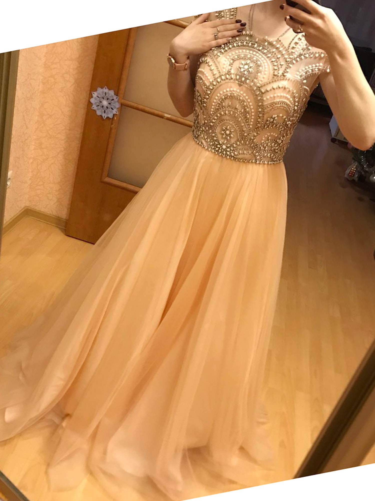 Elegant 2022 Prom Dresses for Women - Cap Sleeve Round Neck Beaded Tulle Evening Gown | Perfect for Formal Parties, Homecoming & Special Occasions
