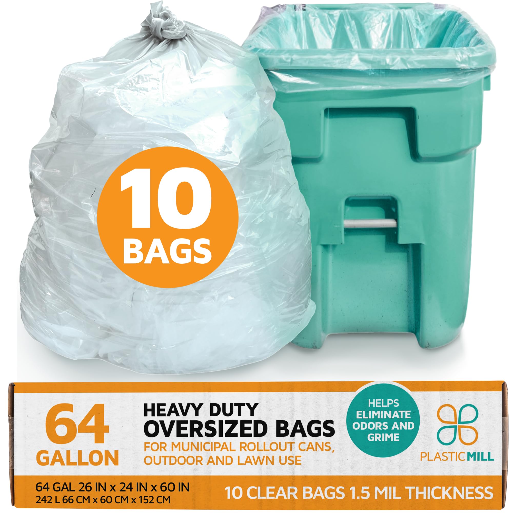 **PlasticMill Heavy Duty 64-Gallon Clear Trash Bags - 1.5 Mil Thick, 50