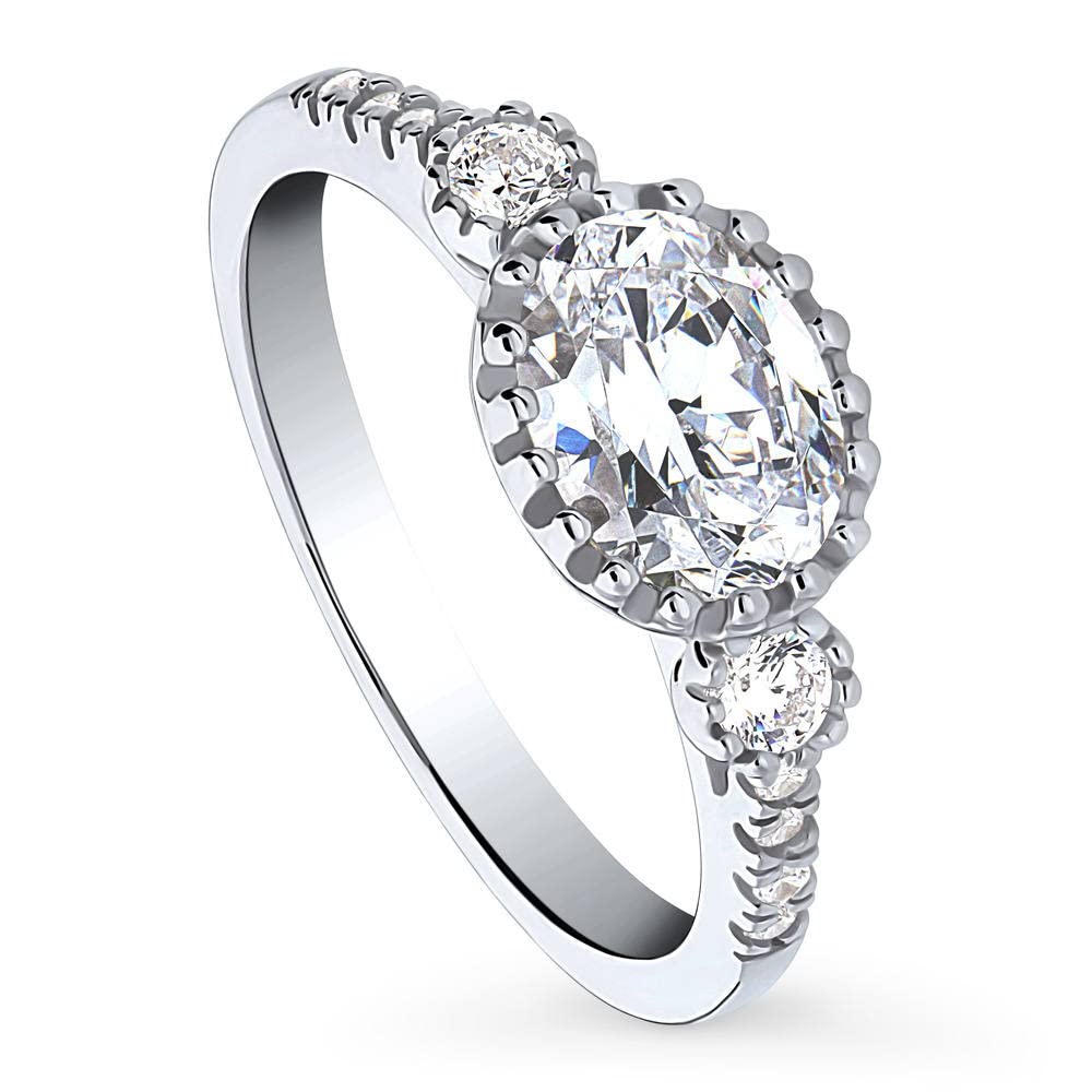 BERRICLE Sterling Silver 3-Stone Oval Cut Cubic Zirconia Engagement Ring for Women - 1.2 Carat CZ Wedding & Anniversary Band, Rhodium Plated, Size 4-10 - Perfect for Proposals, Bridal Jewelry & Special Occasions