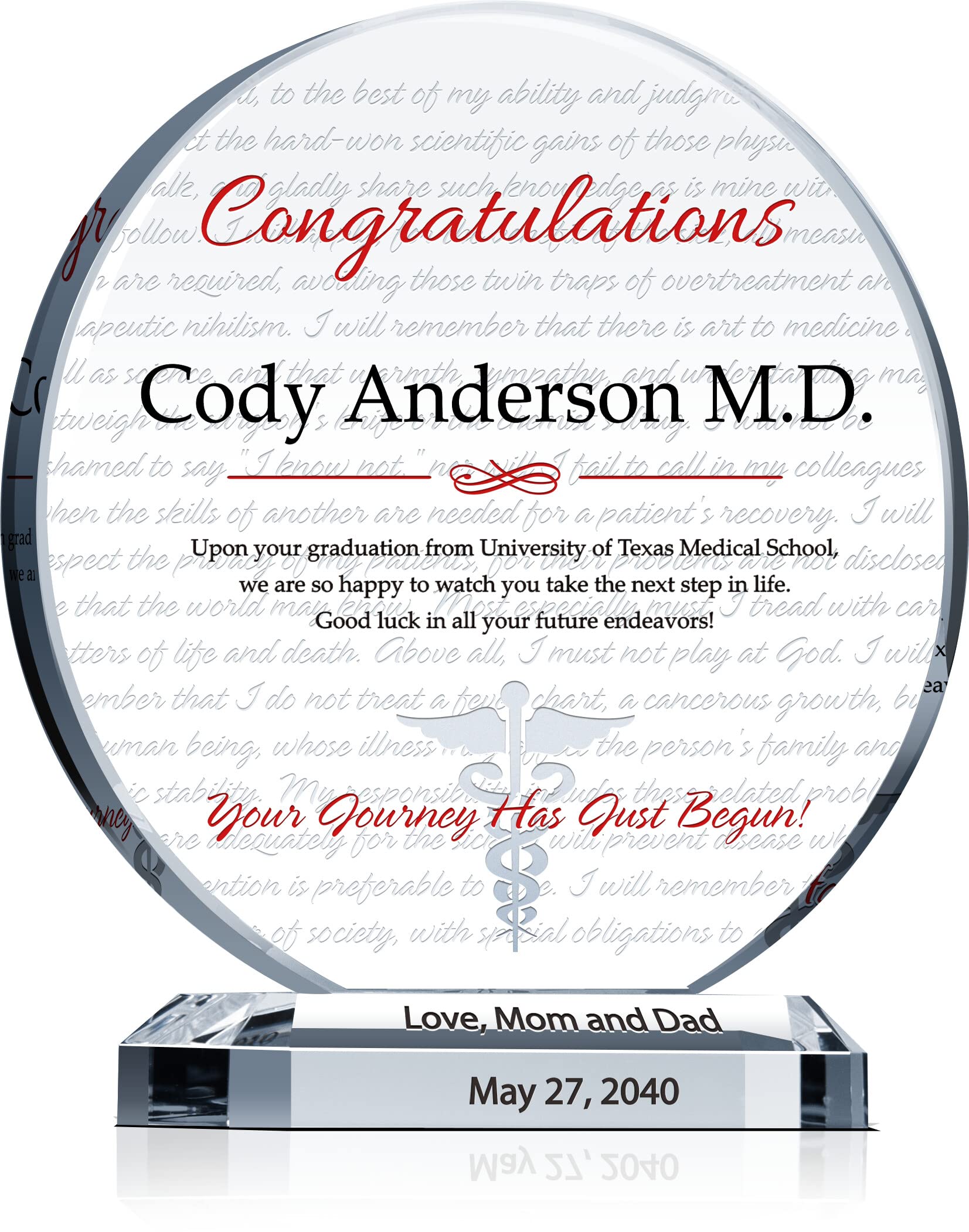 Personalized Crystal Hippocratic Oath Plaque - Custom Medical School Graduation Gift for Doctors (8 Inch) - Engraved with Name - Perfect for Son, Daughter or Medical Professional - Office Decor, White Coat Ceremony, Residency Gift