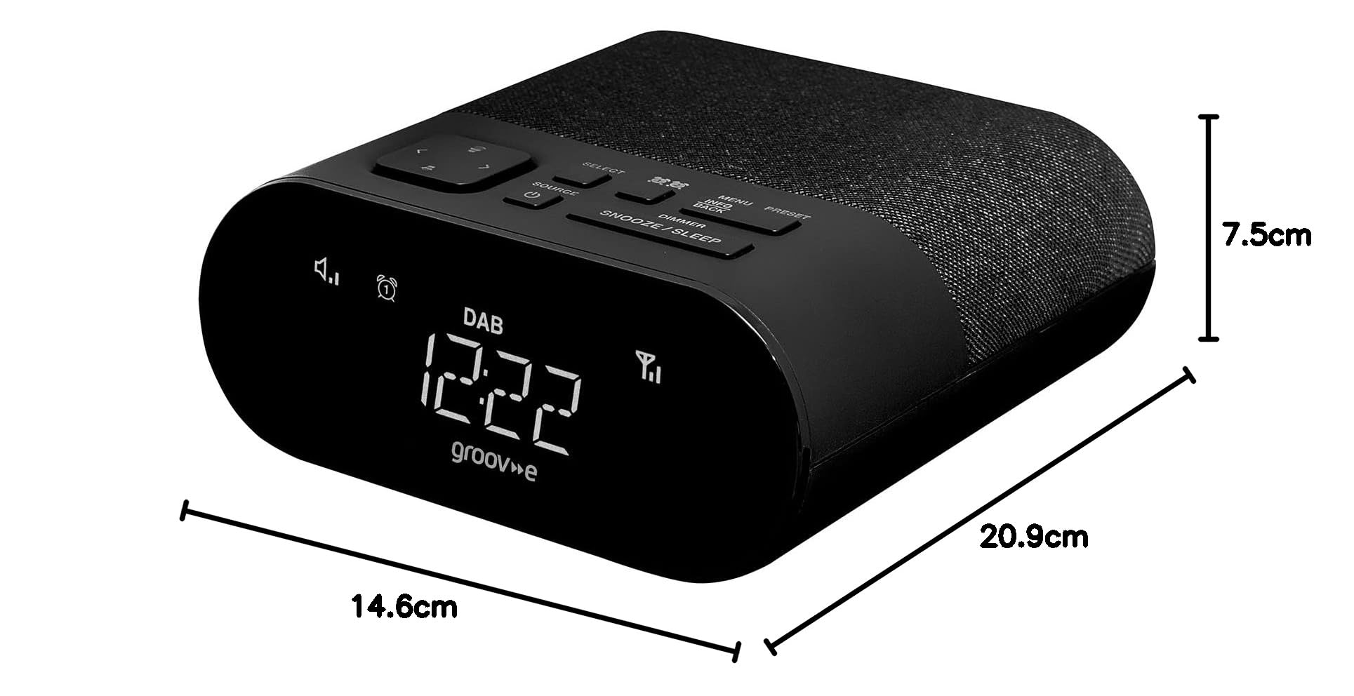 Groov-e Roma DAB & FM Digital Alarm Clock Radio with USB Charging Port, LED Display, 40 Preset Stations - Portable Bedroom Radio for Home, Office, and Travel - Black