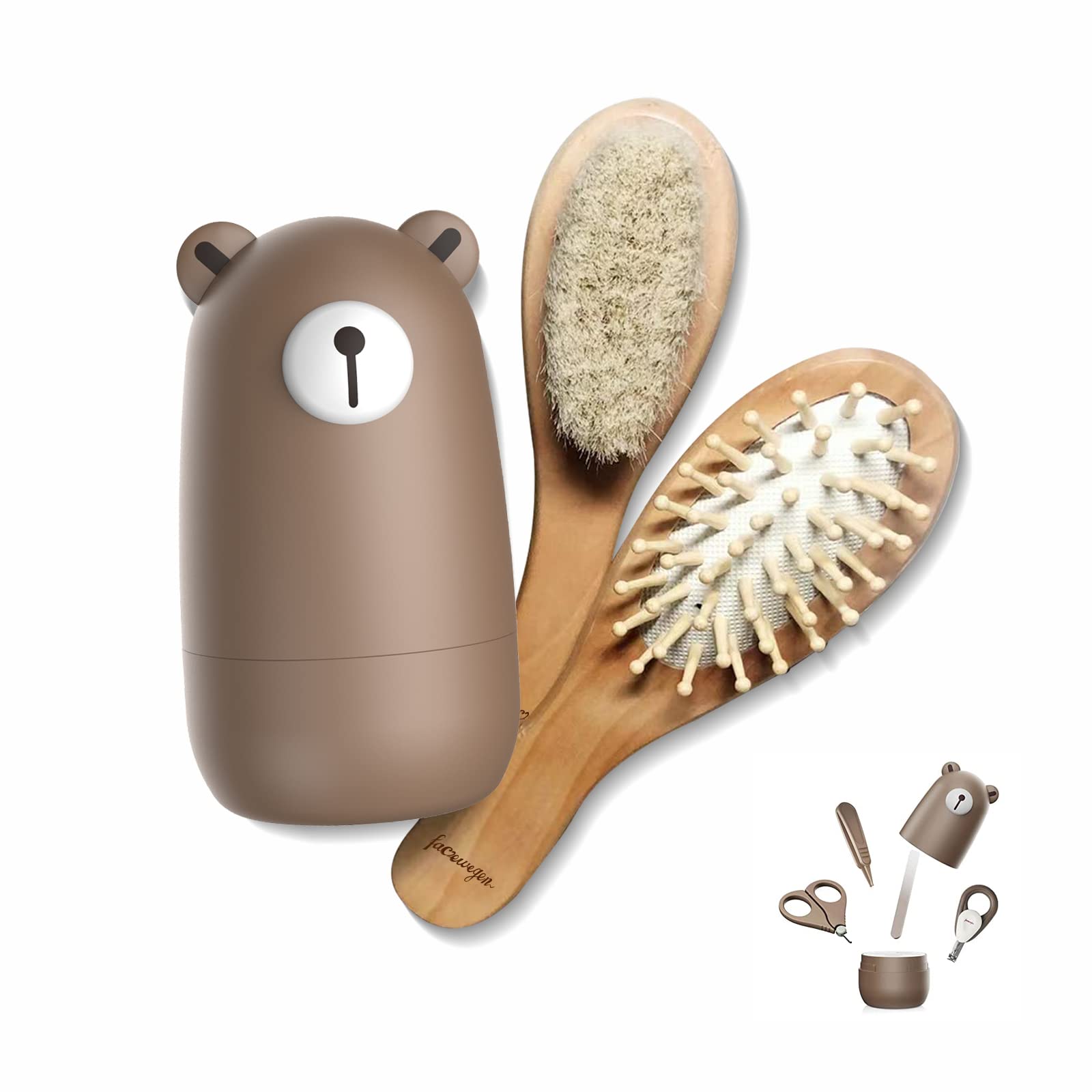 6-in-1 Baby Grooming Kit - Natural Wooden Hairbrush, Comb, Nail Clippers, Scissors, File & Tweezers for Newborns & Toddlers - Perfect Baby Shower Gift Set for Daily Care & Travel