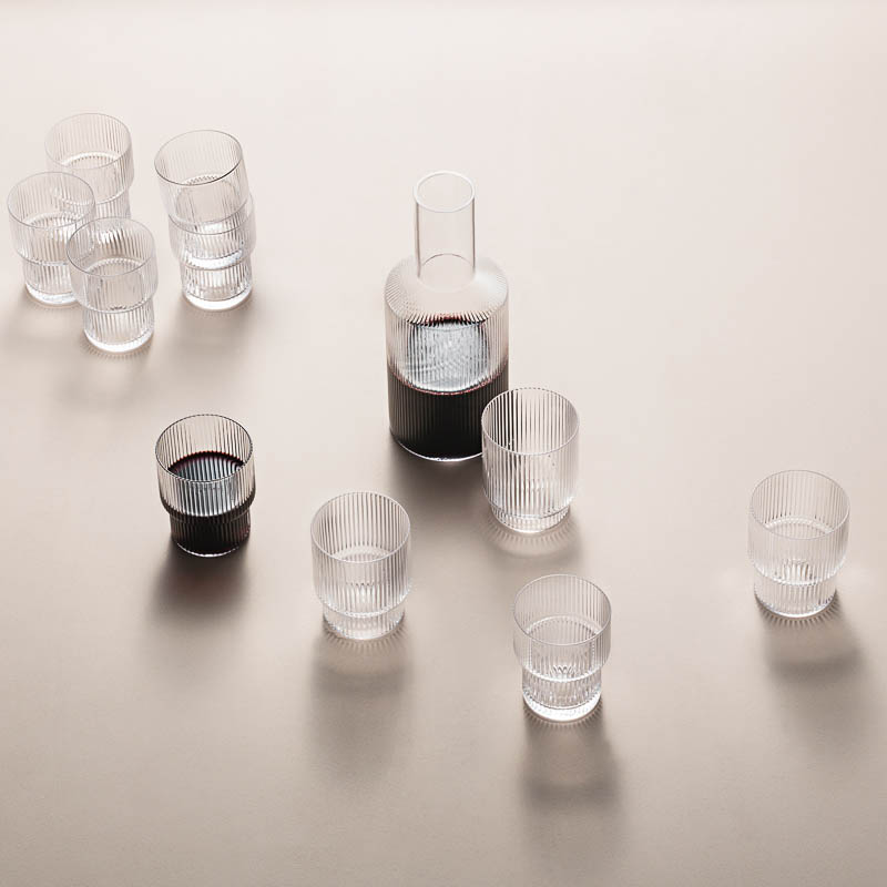 FERM LIVING Ripple Glasses - Set of 4 Clear Drinking Glasses for Water, Juice & Cocktails | Modern Glassware for Home, Bar & Restaurant Use