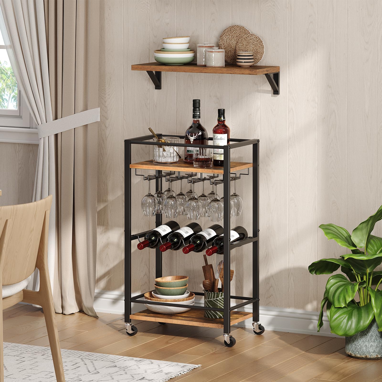 3-Tier Rustic Brown Bar Cart with Wine Rack & Glass Holders - Mini Rolling Serving Cart for Kitchen, Dining & Living Room - Perfect for Home Entertaining, Wine Storage & Space-Saving Organization (Model RCHR9301)