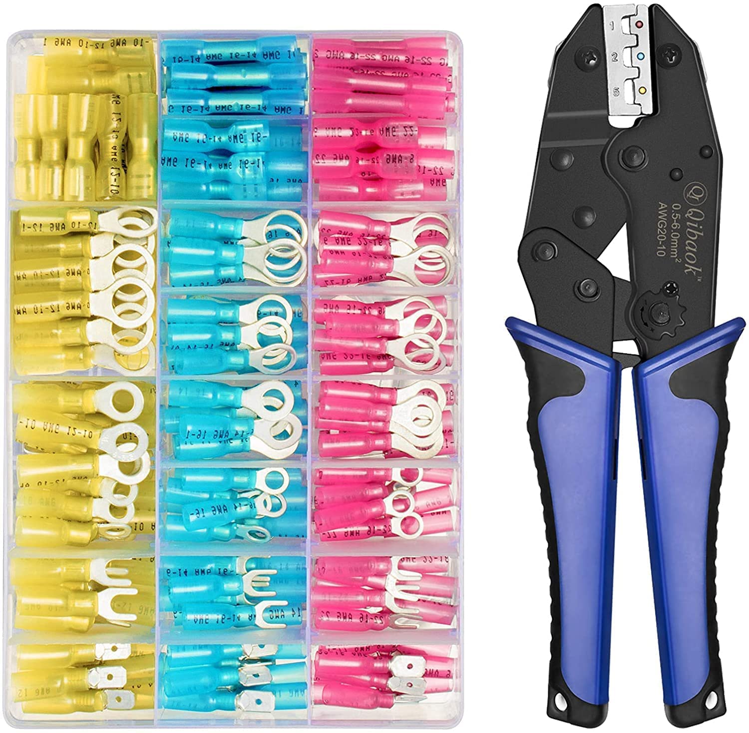 Qibaok Ratcheting Wire Crimper Tool for Heat Shrink Connectors - 250pcs Heat Shrink Wire Connectors Included (AWG 20-10) - Perfect for Electrical Wiring, Automotive Repairs & DIY Projects