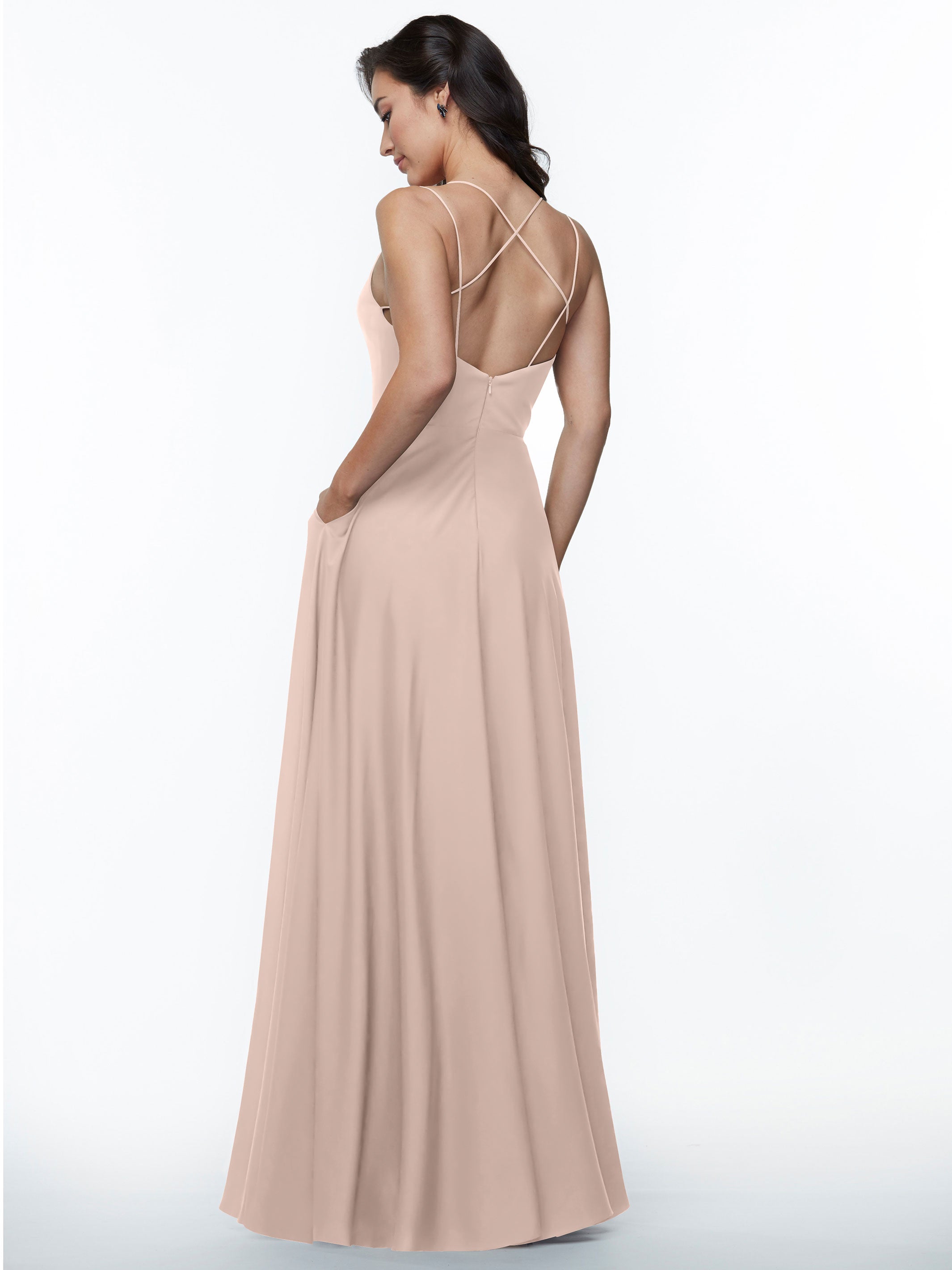 Elegant 83024 Stretch Chiffon A-Line Bridesmaid Dress with Pockets - Perfect for Weddings, Formal Events & Special Occasions