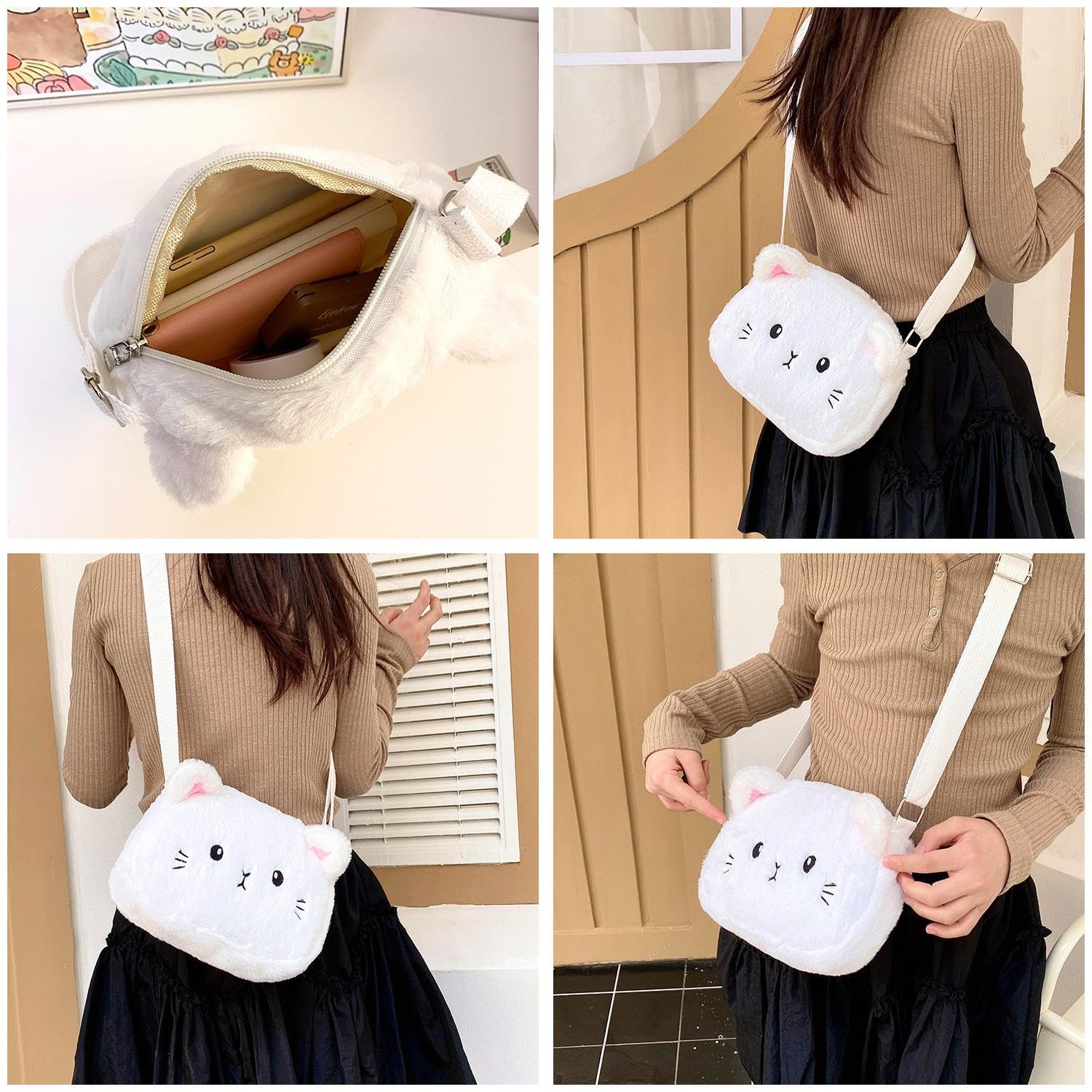 Adorable Pink Fluffy Cat Crossbody Bag for Women - Cute Plush Shoulder Purse with Adjustable Strap, Kawaii Animal Messenger Satchel - Perfect for Casual Outings, Travel, and Gifts
