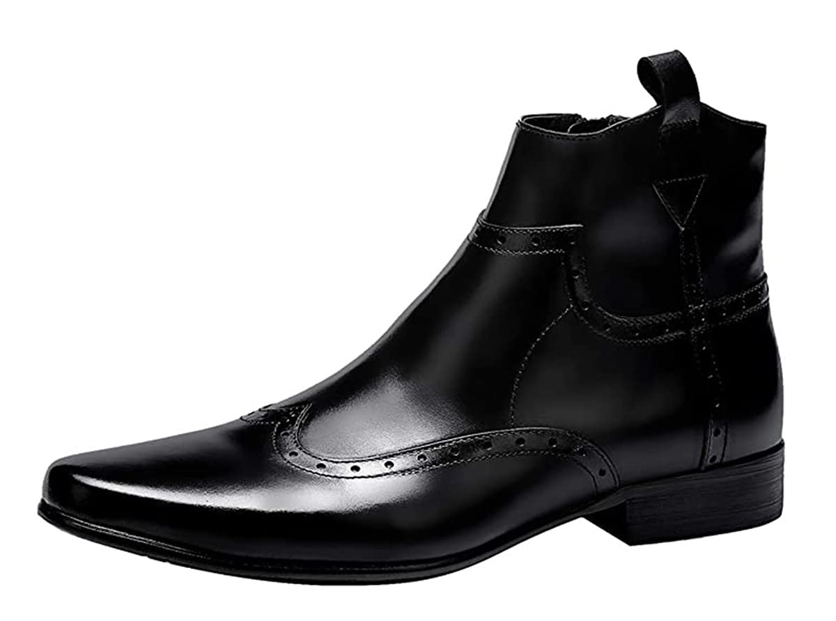 Santimon Men's Zipped Ankle Boots - Pointed Toe Wingtip Brogue Dress Shoes in Black & Brown | Formal Leather Boots for Business, Office & Wedding Occasions