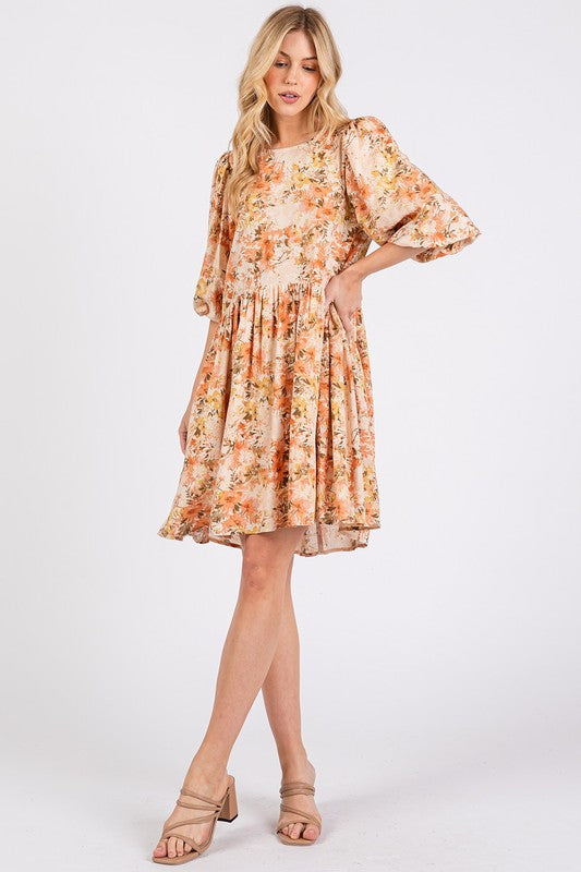 Mittoshop Floral Print Linen Blend Babydoll Mini Dress - Summer Casual Dress for Women, Perfect for Beach Vacations, Date Nights & Brunch Outings