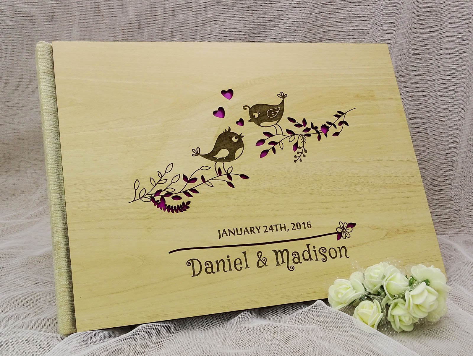 Custom Rustic Wood Engraved Wedding Guest Book for Bride & Groom - 50 Page Advice Keepsake for Wedding Reception, Anniversary & Bridal Shower