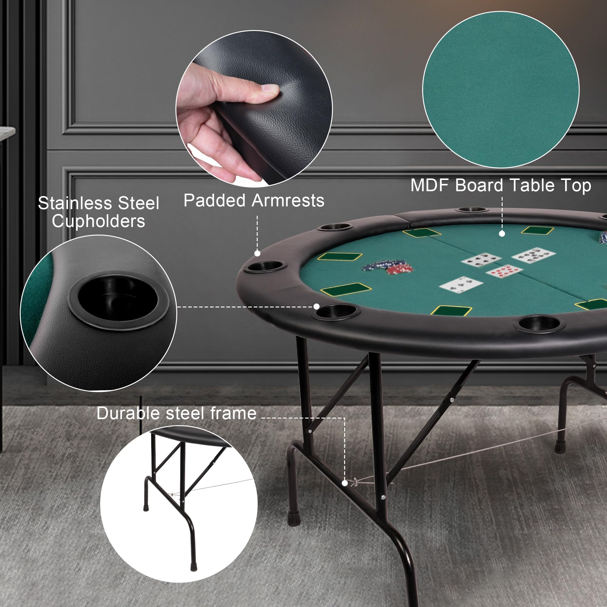 8 Player Round Foldable Poker Table - Portable Texas Hold'em & Blackjack Game Table with 8 Cup Holders, Padded Rails - Casino Style Folding Card Table for Home Games & Parties (Green) | Perfect for Poker Nights, Casino Themed Events & Family Game Gatherings
