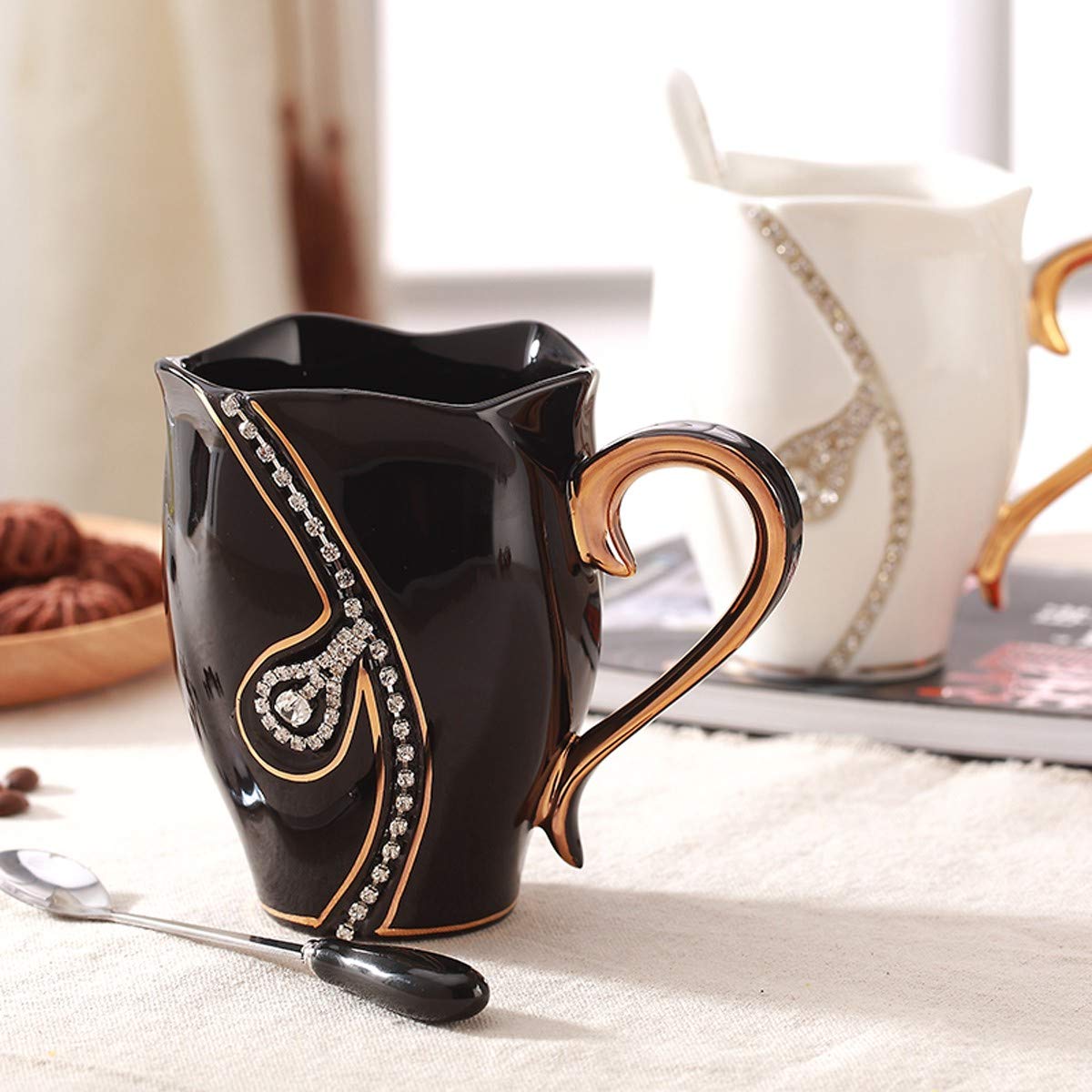 Sparkling Rhinestone Coffee Mug - Elegant Ceramic Water Cup for Office & Home Use - Unique Gift for Women with Spoon Included (Black) - Perfect for Coffee, Tea, Hot Chocolate & Daily Beverages