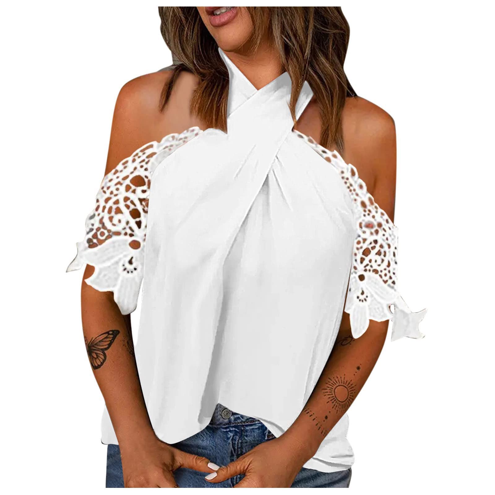 Women's Sexy Lace Cold Shoulder Halter Top - Hollow Out Patchwork Short Sleeve Blouse T-Shirt Tunic (White, X-Large) | Perfect for Summer Parties, Beach Vacations & Date Nights