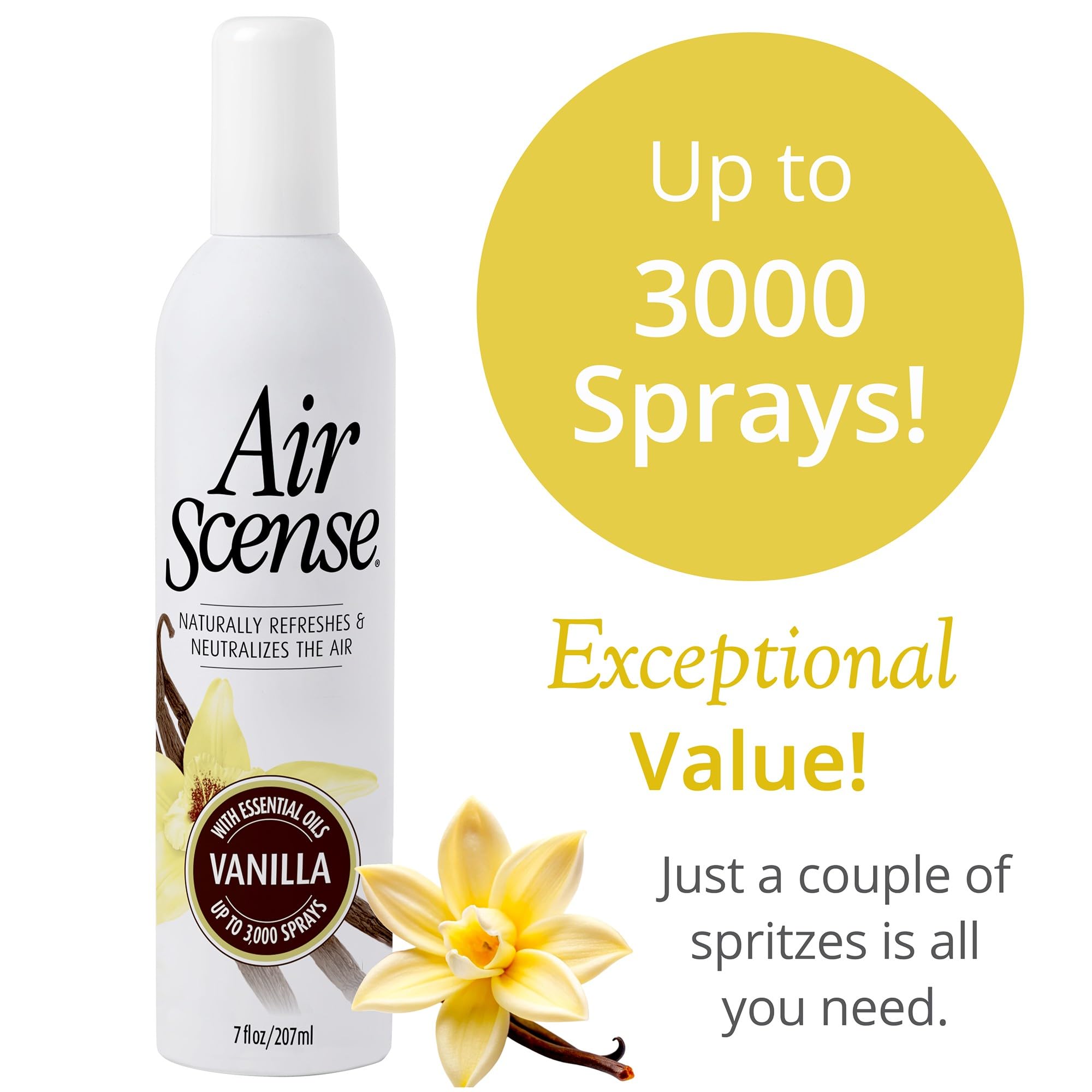 Air Scense Natural Vanilla Essential Oil Air Freshener & Deodorizer Spray - 7 fl oz (4-Pack) for Bathroom, Home, Office & Car - Eliminates Odors & Freshens Air Instantly