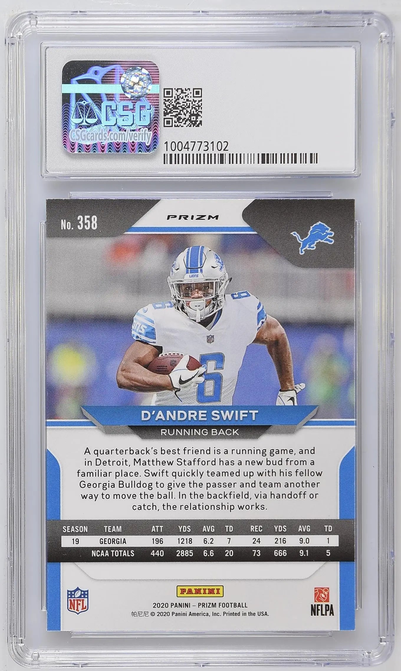 2020 Panini Prizm D'Andre Swift Rookie Card Red White Blue Parallel CSG 9.5 Gem Mint - Perfect for NFL Collectors and Sports Memorabilia Displays