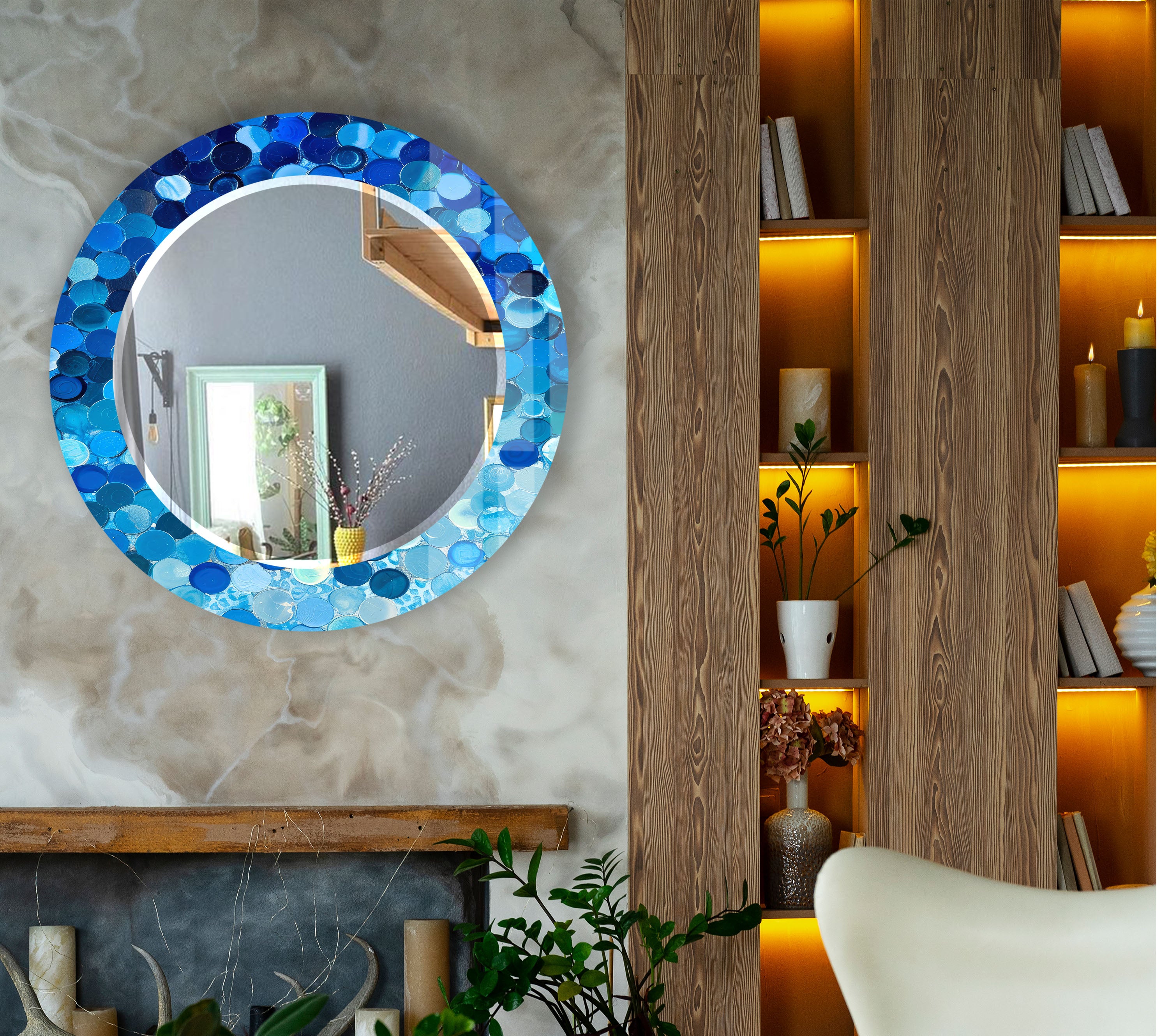 Blue Bubble Mosaic Round Wall Mirror - Coastal Style Accent Mirror for Modern Home Decor, Perfect for Bathroom, Bedroom, Living Room, and Entryway