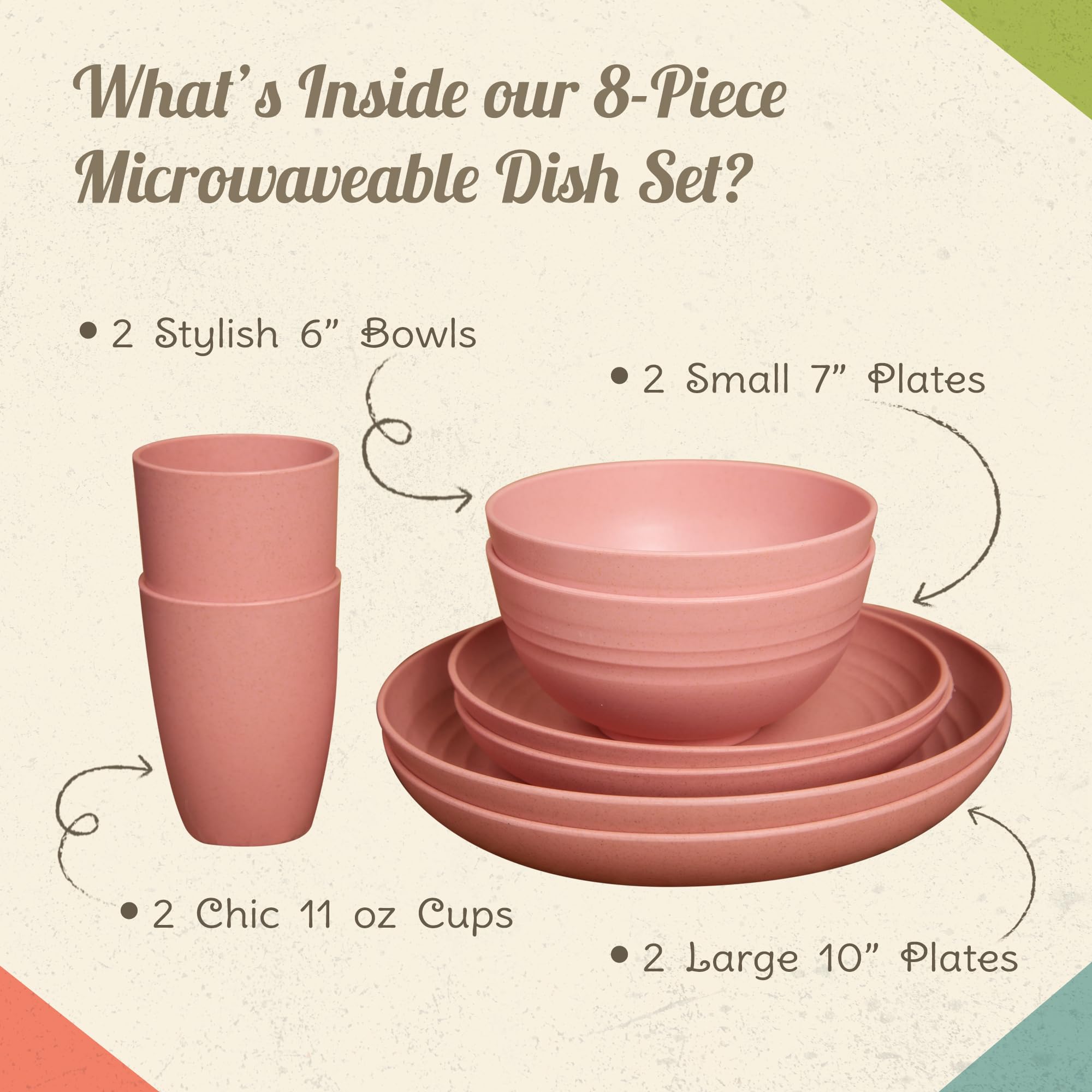 Eco-Friendly 8-Piece Wheat Straw Dinnerware Set - 2 Bowls, 2 Cups, 2 Small & 2 Large Plates - BPA Free, Dishwasher & Microwave Safe Camping & RV Dishes - Perfect for Outdoor Picnics, Camping Trips & RV Travel (Rustic Red)