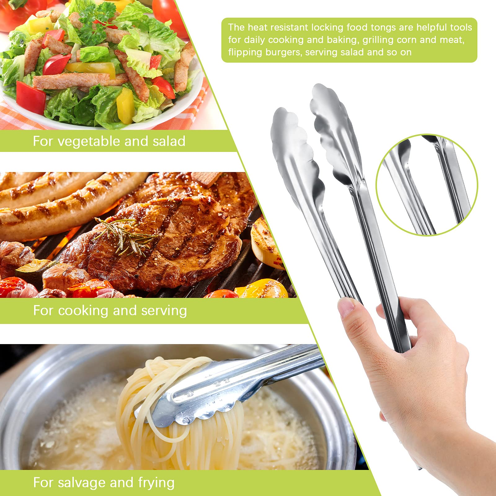 9-Piece Stainless Steel Kitchen Tongs Set - Non-Slip for Grilling, BBQ & Salad Prep