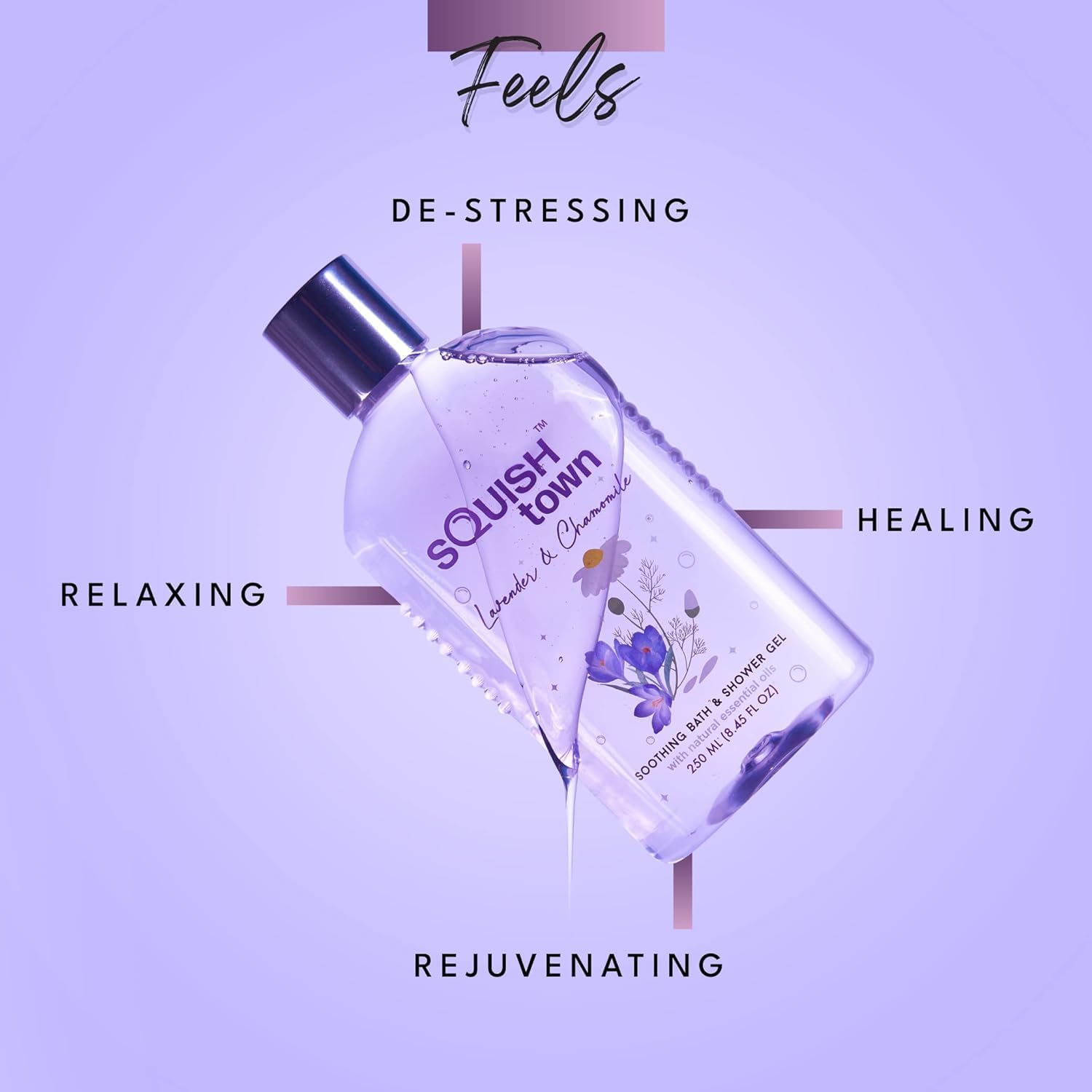 Sq'uishtown Lavender & Chamomile Soothing Bath & Shower Gel - Natural Essential Oils Aromatherapy for Relaxation | 8.5oz (250ml) | Unisex Body Wash for Stress Relief & Better Sleep | Perfect for Spa Nights & Self-Care Routines