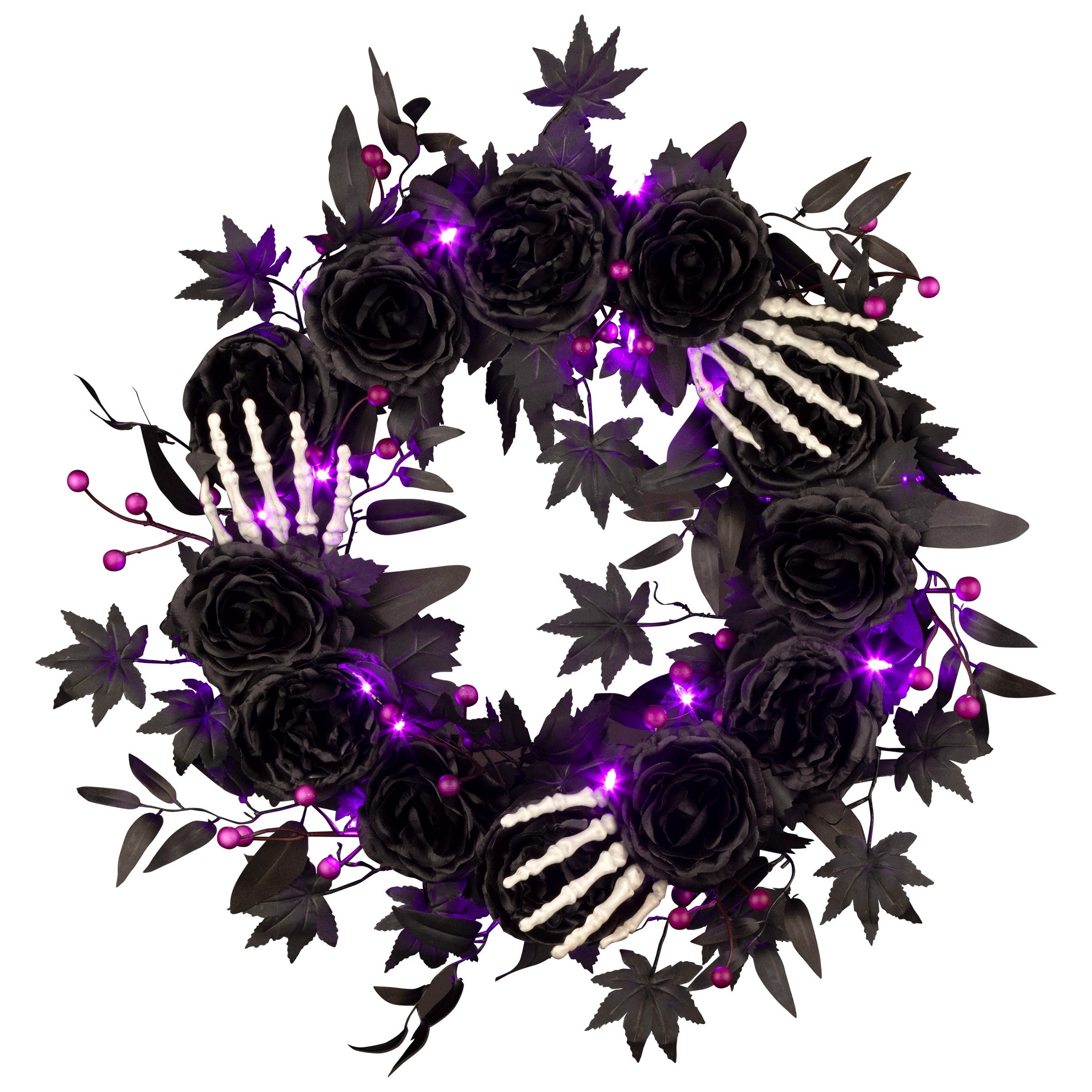 24 Inch Halloween Bad to the Bone Wreath with LED Lights - Spooky Front Door Decor for Halloween Party & Home Decoration