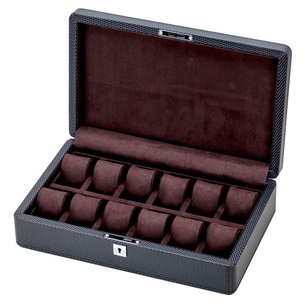 Luxury Carbon Fiber Watch Box for Men - 12 Slot Jewelry & Watch Display Organizer with Bracelet Tray - Perfect for Watch Collection Storage & Gift Giving