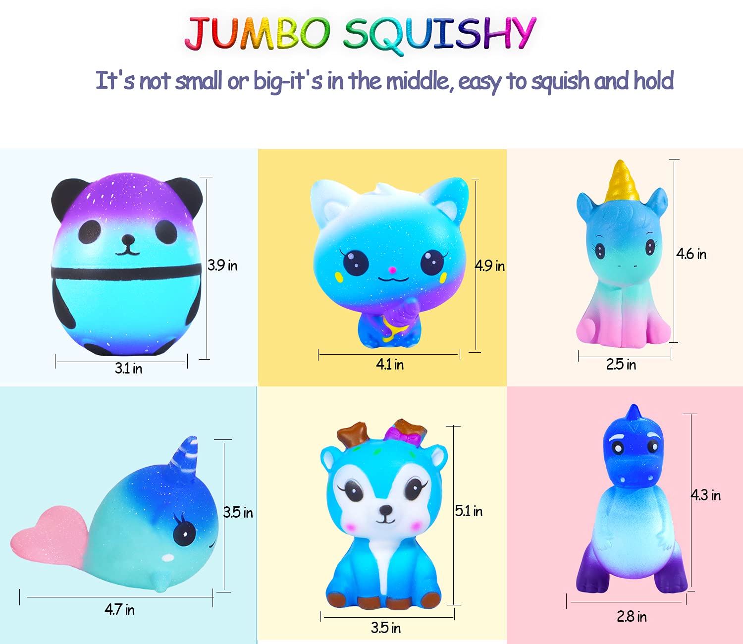 Slow Rising Galaxy Squishy Toys Set - 6 Pack Soft Kawaii Stress Relief Squishies (Cat, Panda, Unicorn, Dinosaur) for Kids & Adults | Fun Sensory Fidget Toys for Anxiety Relief, Classroom Rewards & Relaxation