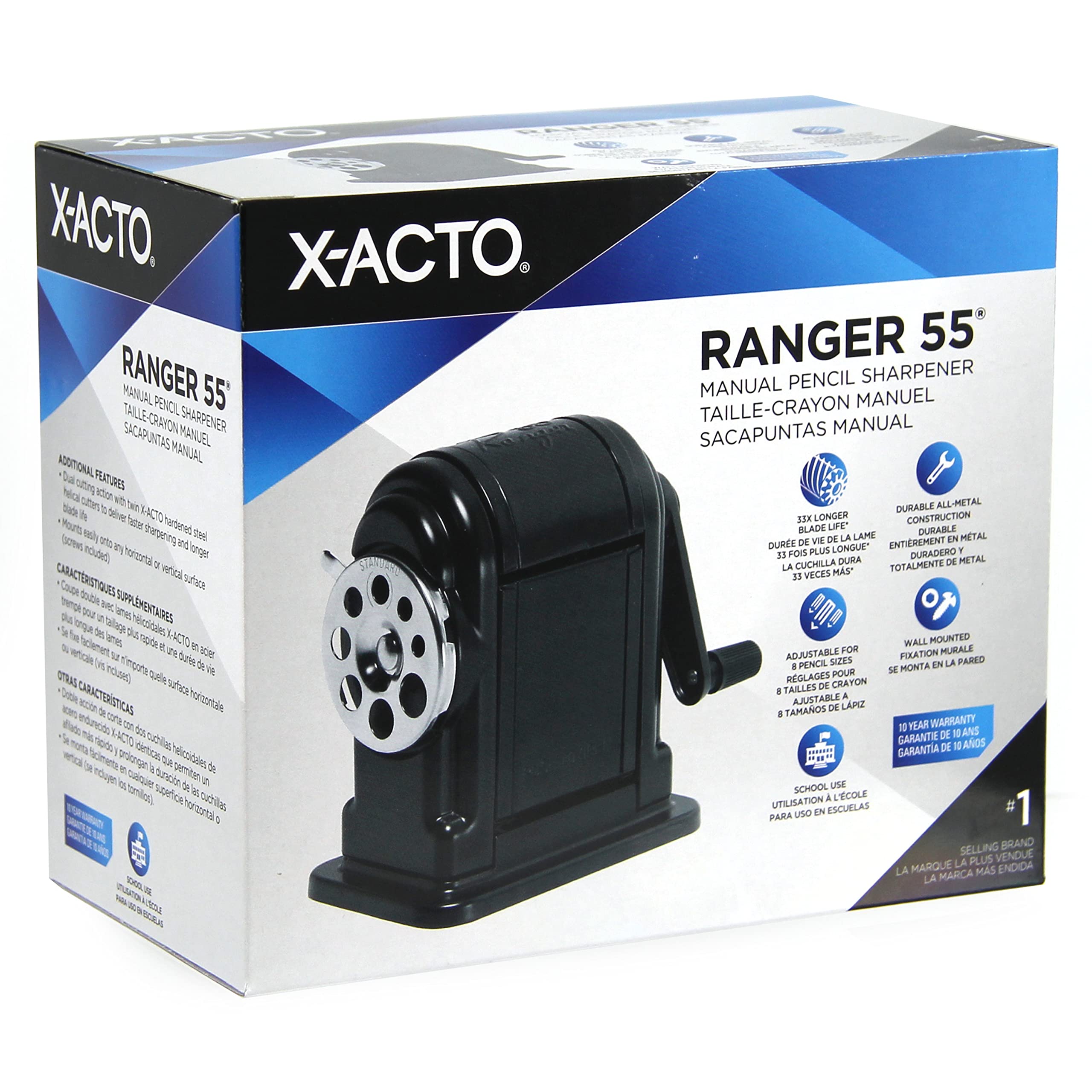 X-ACTO Ranger 55' Manual Pencil Sharpener - Heavy Duty Metal Blade, Black - Perfect for Office, School & Art Supplies Organization