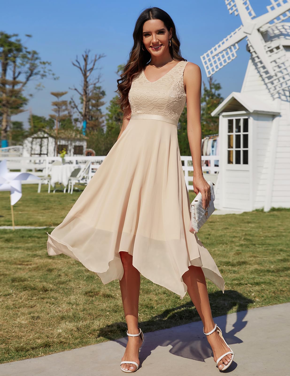 Meetjen Women's Elegant Lace Cocktail Party Dress 2025 | Handkerchief Hem Bridesmaid & Prom Formal Gown | Wedding Guest Dress for Evening Events, Cocktail Parties & Special Occasions
