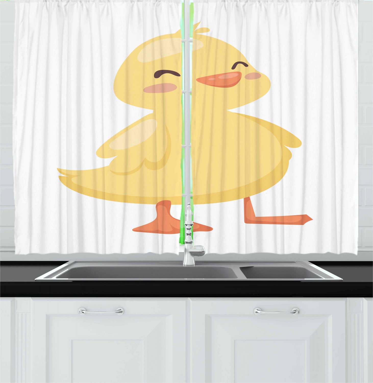 Lunarable Duckies Long Kitchen Curtains - 2 Panel Set with Rod Pocket, Cartoon Duck Design in Happy Expression, 55