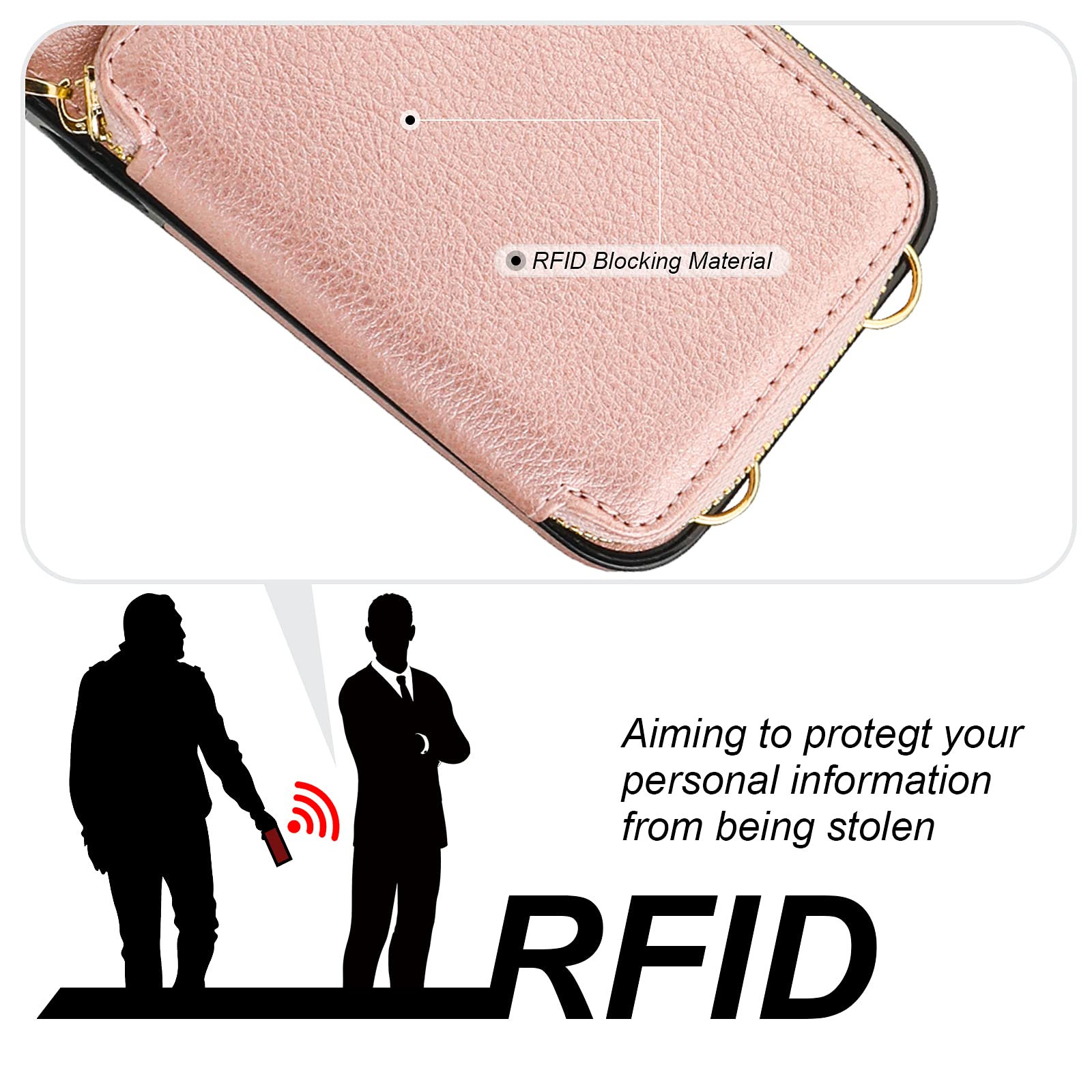 RFID Blocking Wallet Case for iPhone 11 - PU Leather Crossbody Zipper Purse with Card Holder, Kickstand & Detachable Wrist Strap | 6.1 Inch Rose Gold Folio Case | Perfect for Travel, Shopping & Daily Use