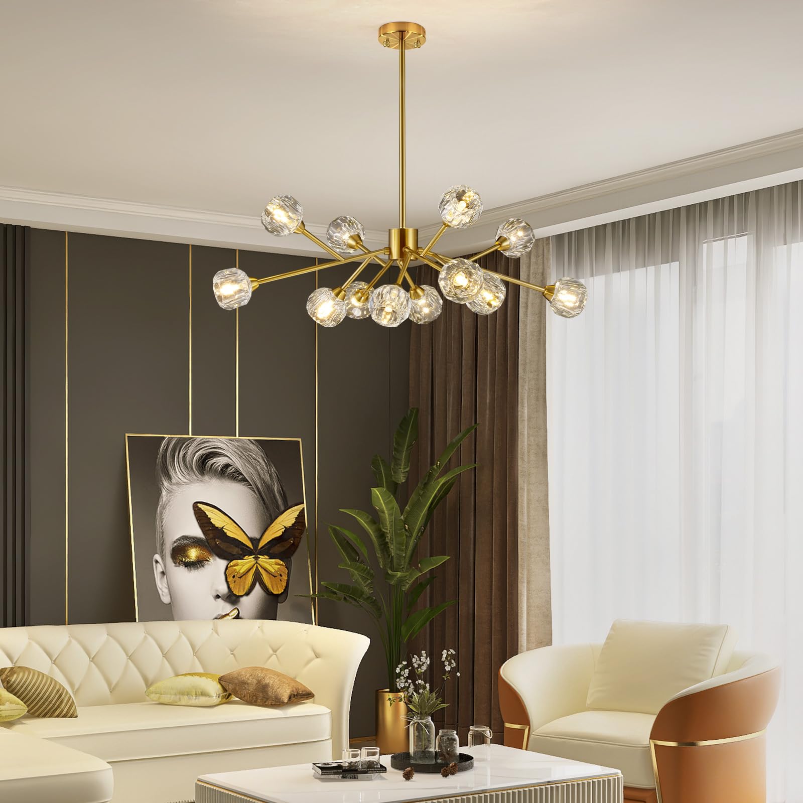 Modern Sputnik Chandelier - 12-Light Gold Crystal Pendant Lighting Fixture for Dining Room, Kitchen Island, Living Room | Mid-Century Ceiling Light for Home, Bedroom, Bar & Office Decor | Elegant Lighting Solution for Parties & Romantic Dinners