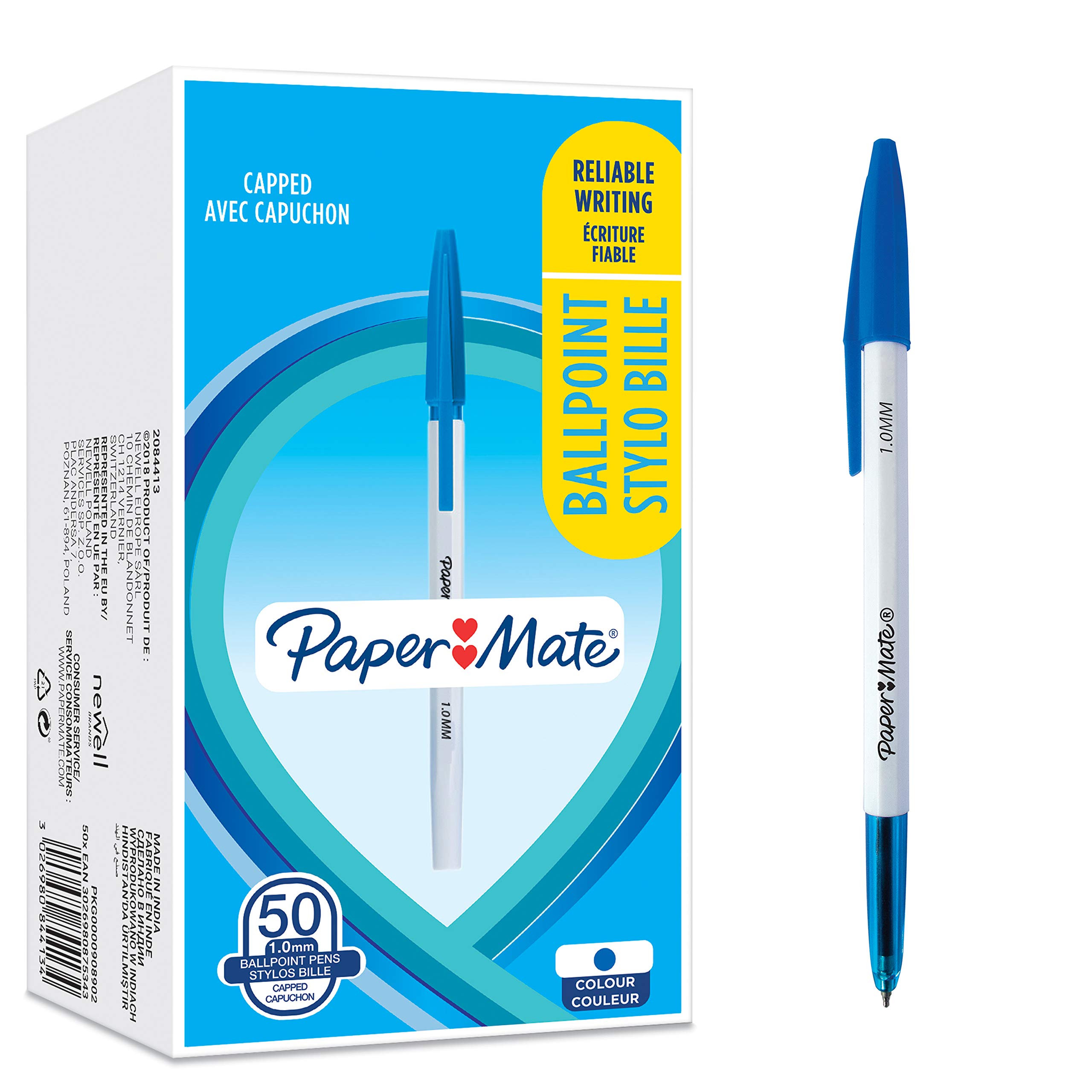 Paper Mate 045 Medium Point Ballpoint Pens (1.0 mm) - Blue Ink, 50 Count Pack - Perfect for Office, School & Everyday Writing Needs